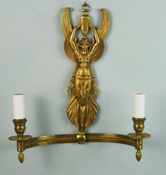 1920s Antique French Gilt Bronze Wall Sconces with Winged Angel Design