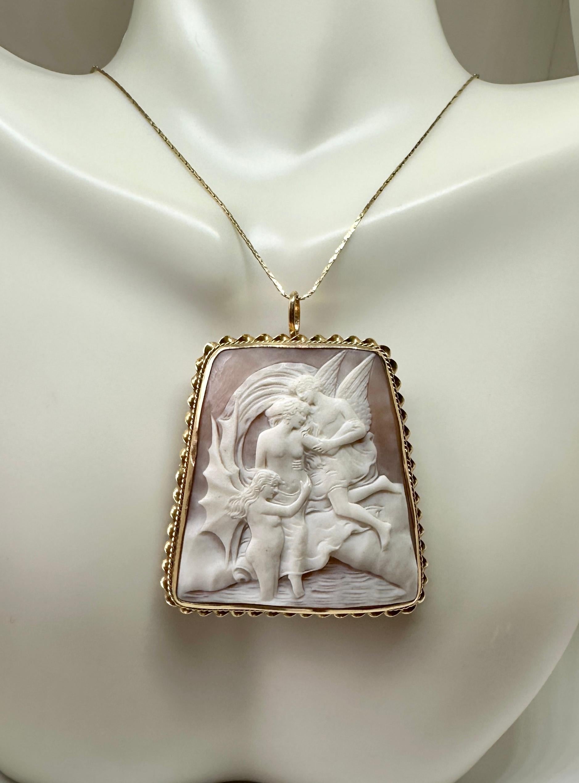 Victorian Winged Angels Nude Goddess Cameo Pendant Brooch Necklace 14 Karat Gold Antique For Sale