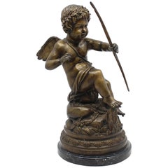 Winged Bronze Cupid Sculpture on Marble Base
