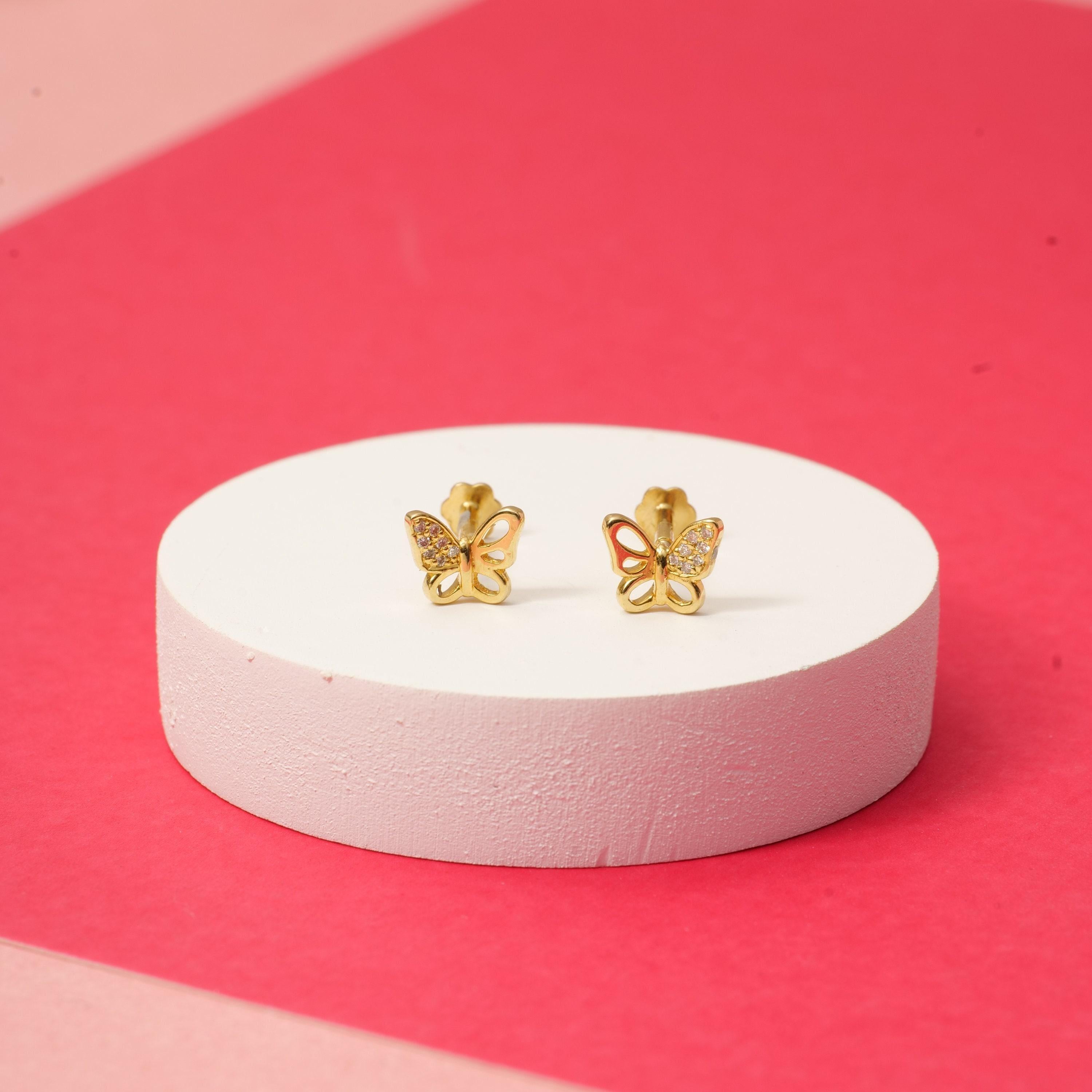 Art Deco Winged Butterfly Diamond Stud Earrings in 14K Solid Gold (Certified) For Sale