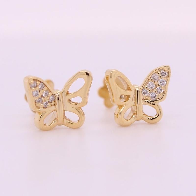 Round Cut Winged Butterfly Diamond Stud Earrings in 14K Solid Gold (Certified) For Sale