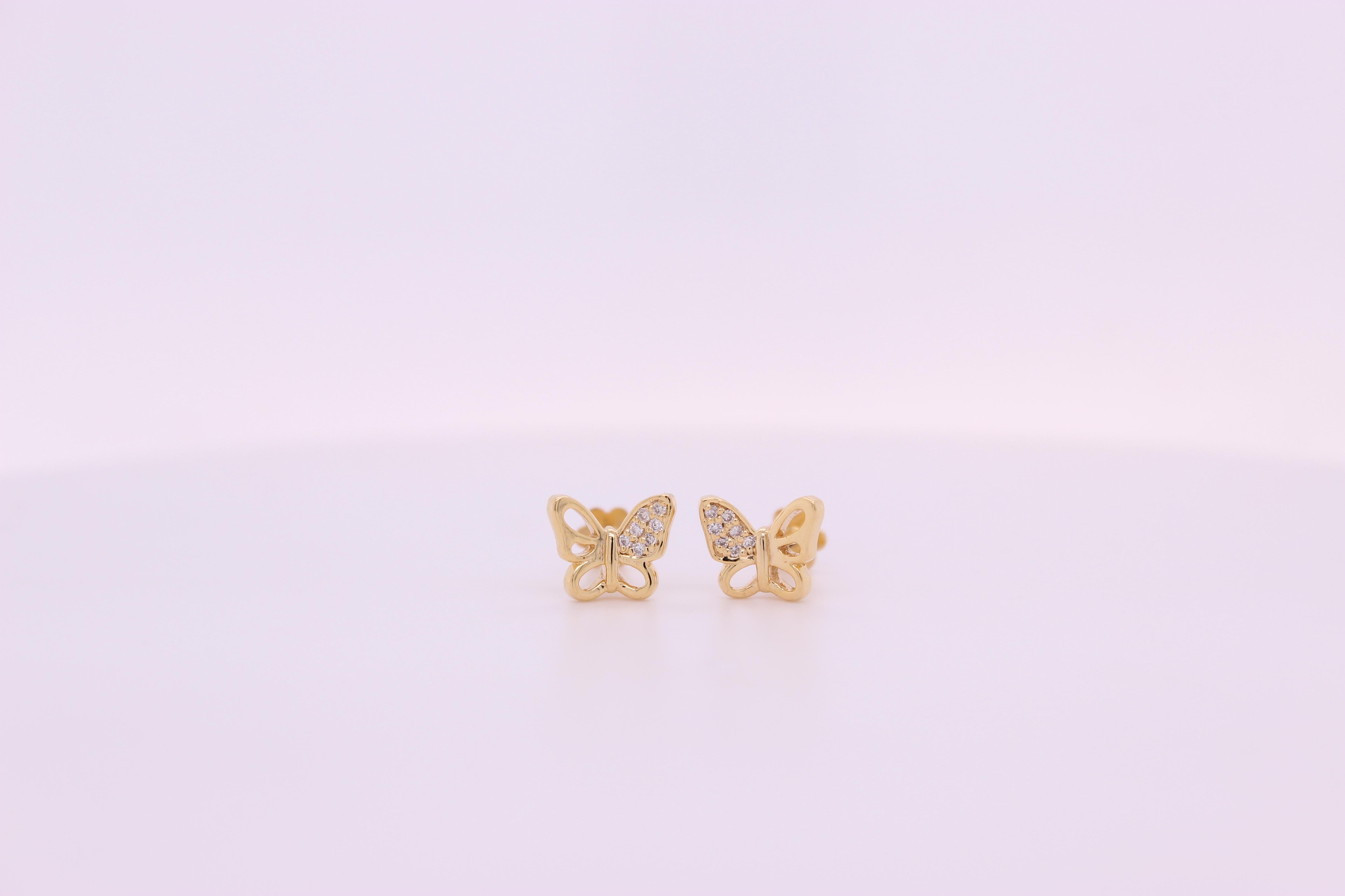 Women's Winged Butterfly Diamond Stud Earrings in 14K Solid Gold (Certified) For Sale