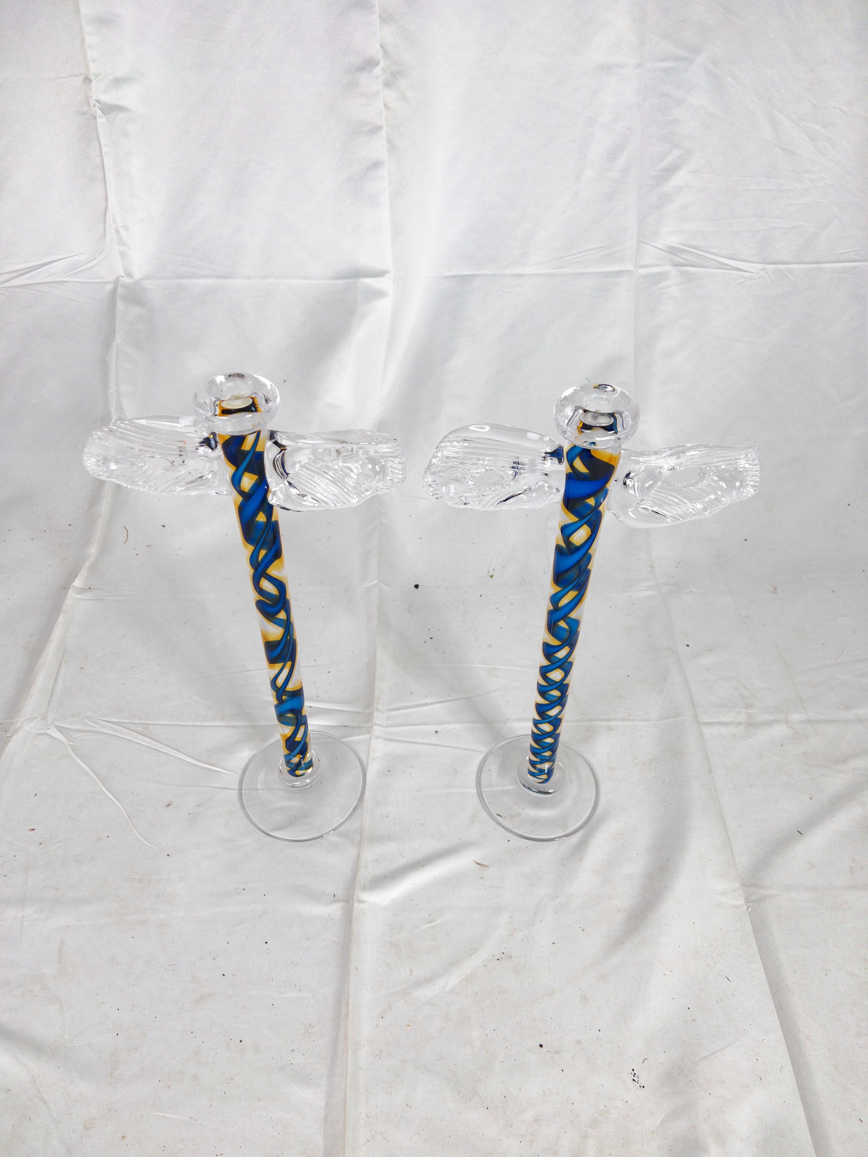 Winged Glass Candle Sticks. Amazing hand made with a pair of twisting black edged blue ribbons spiraling up the shafts and a 5 inch base.
