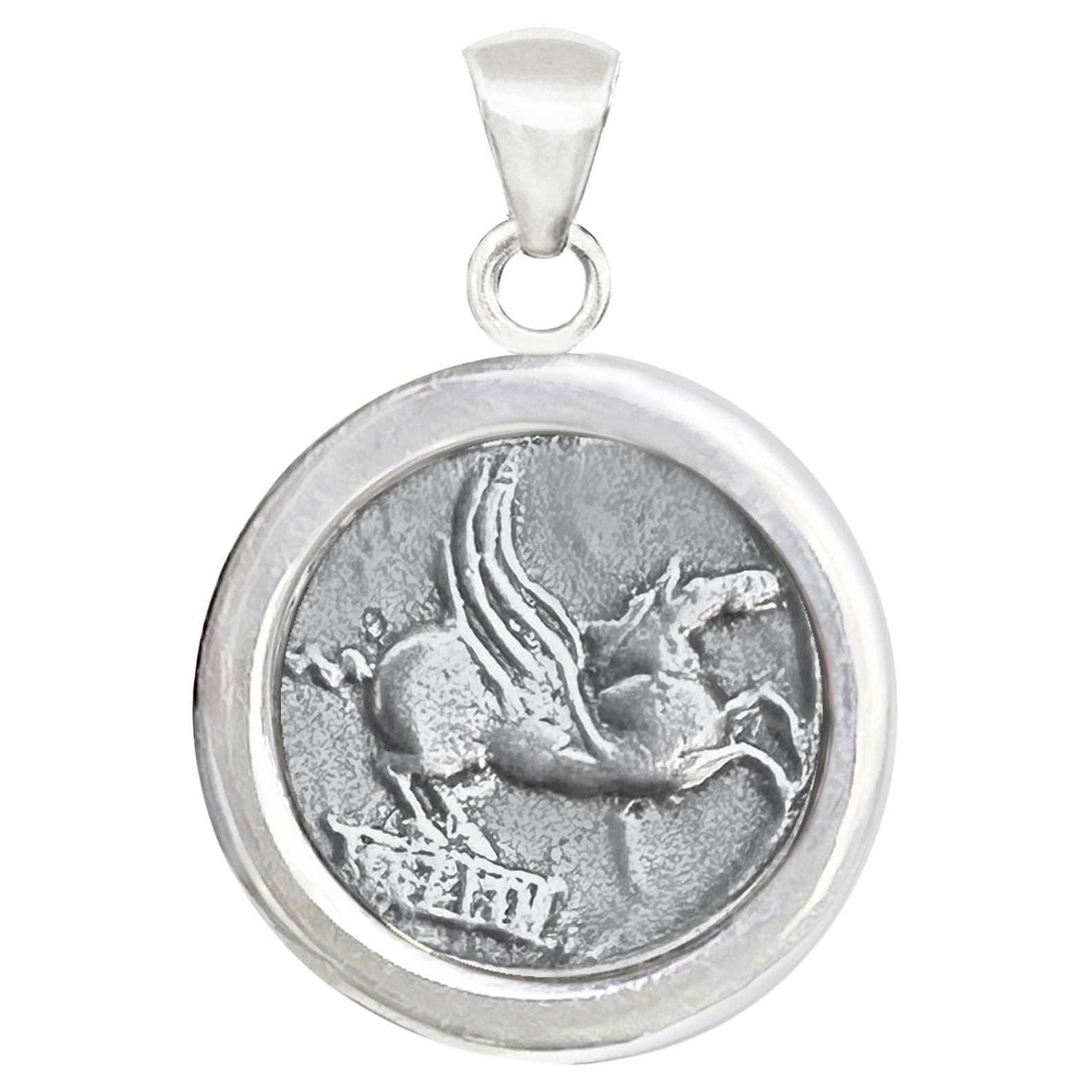 WINGED HORSE PEGASUS Genuine Greek Coin 1st Cent. BC Silver Pendant For Sale