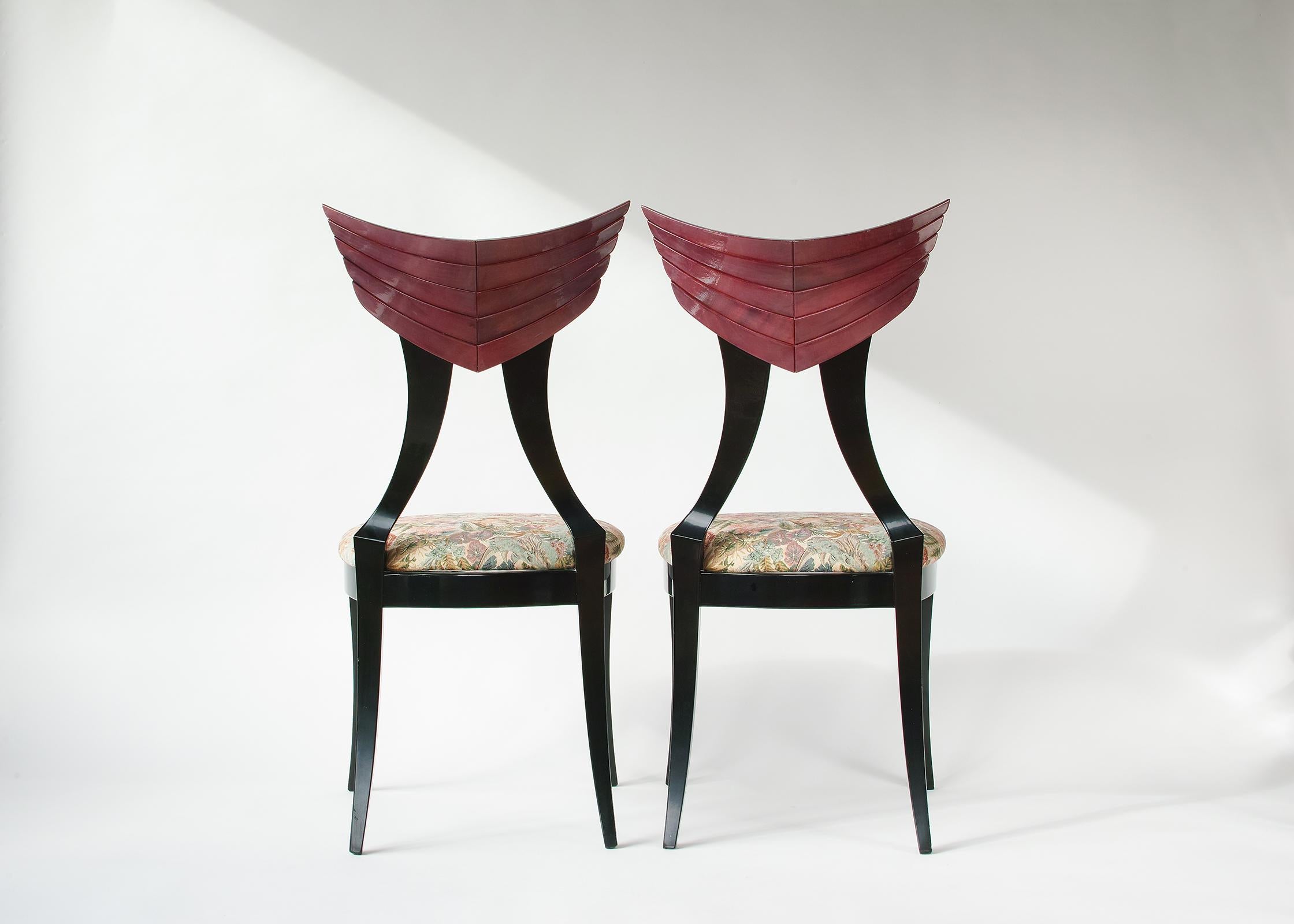 Tapestry Winged Italian Lacquer Side Chairs by Pietro Constantini