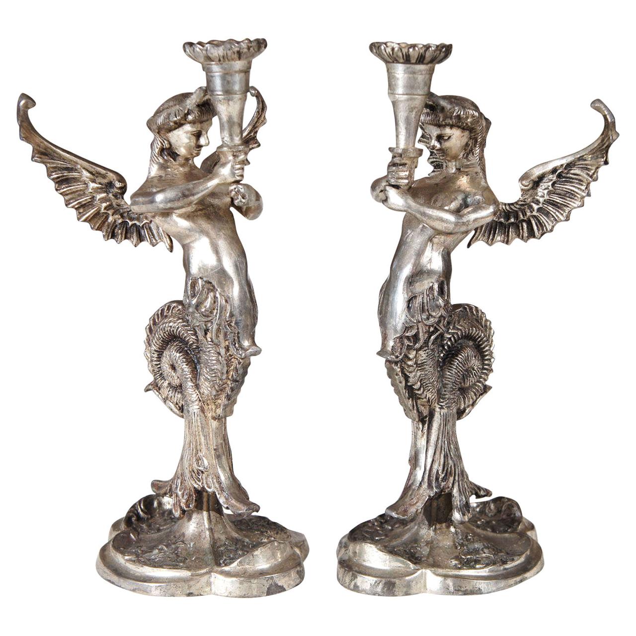 Winged Mythological Silvered-Metal Mermaid Candlesticks For Sale