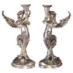 Winged Mythological Silvered-Metal Mermaid Candlesticks