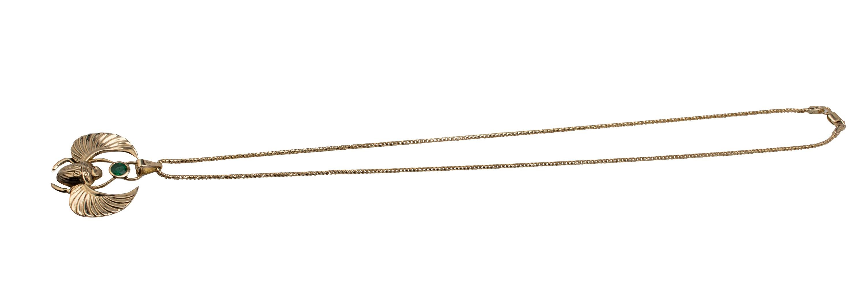 Art Nouveau Egyptian Scarab Beetle Pendant Necklace 14K Gold, 0.50 Carat Natural Emerald For Sale