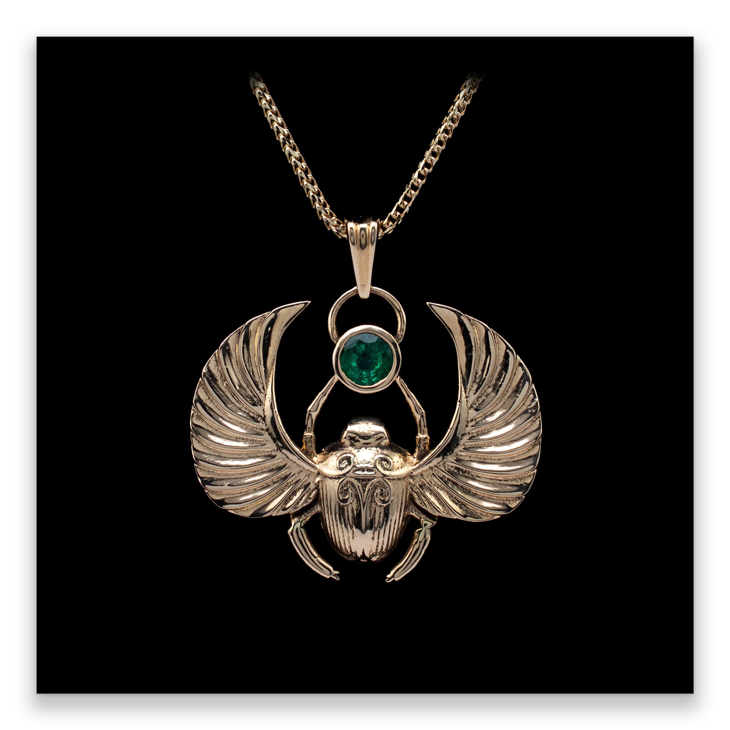Egyptian Scarab Beetle Pendant Necklace 14K Gold, 0.50 Carat Natural Emerald In Excellent Condition For Sale In Preston, Lancashire