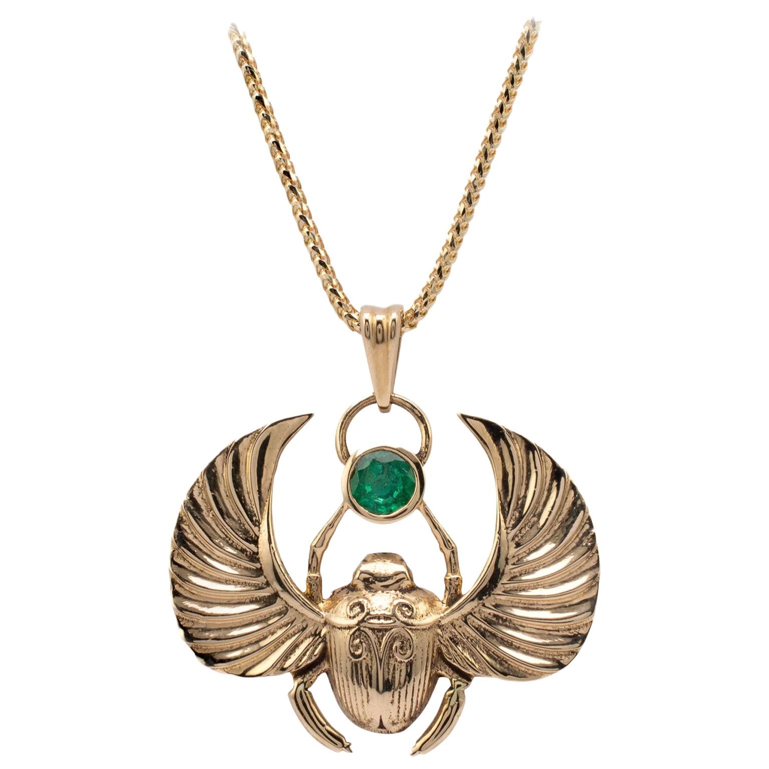 Egyptian Scarab Beetle Pendant Necklace 14K Gold, 0.50 Carat Natural Emerald For Sale