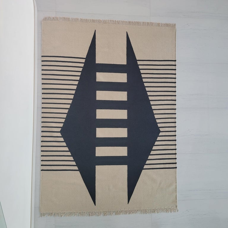 Dhurrie rug Wool Modern Geometric Neutral Black Grey Cream Beige