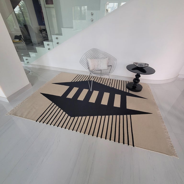 Dhurrie rug Wool Modern Geometric Neutral Black Grey Cream Beige