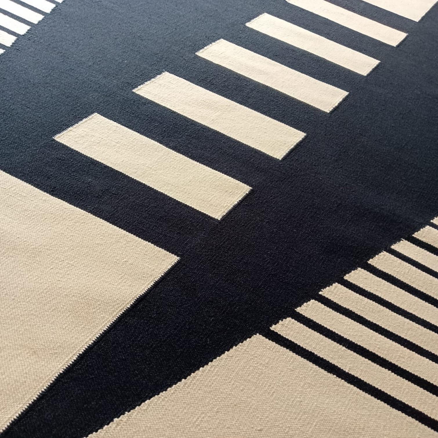 Indian Dhurrie rug - Wool Modern Geometric Neutral Black Grey Cream Beige Lines Stripes For Sale