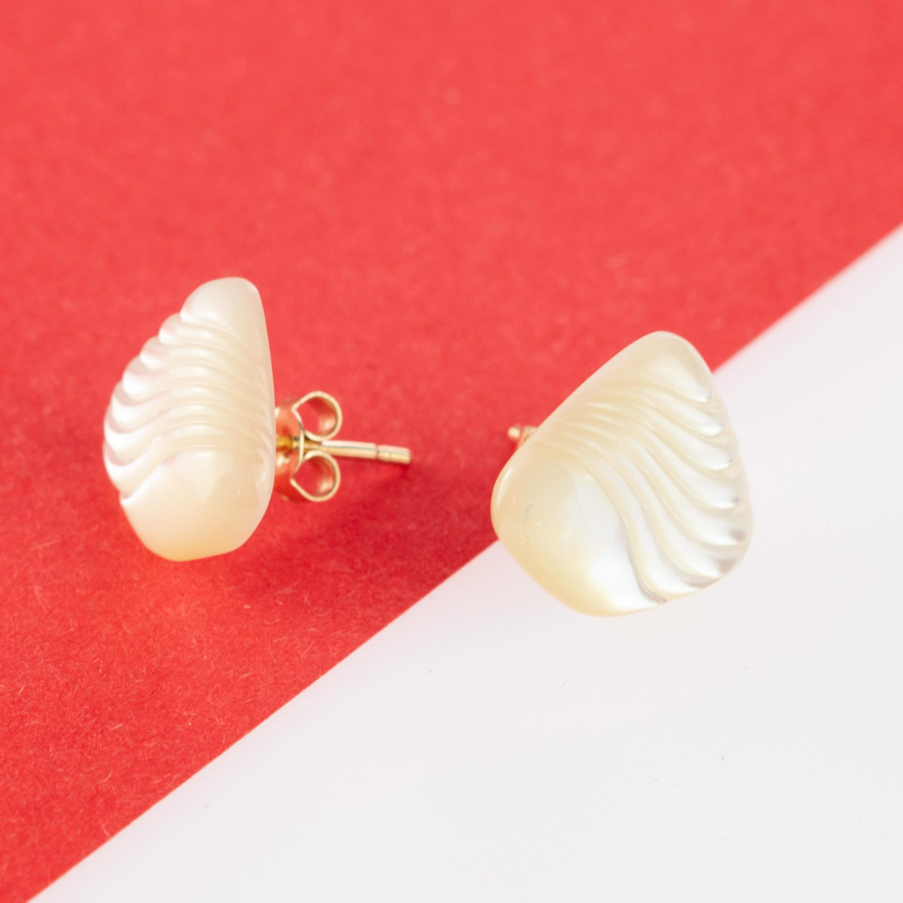 Mixed Cut Wings 9 Karat Gold Mother of Pearl Carved Stud Handmade Free Earrings For Sale