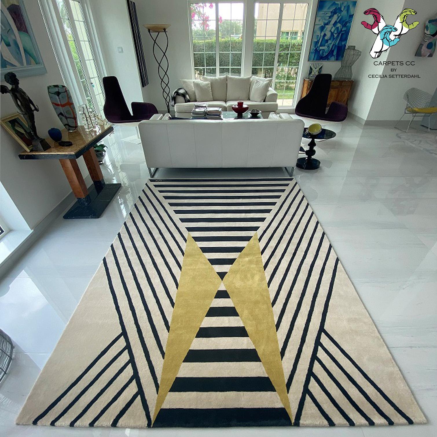 Rug stripe Wool Carpet Hand Knotted limited yellow black White Modern Geometric  For Sale 2