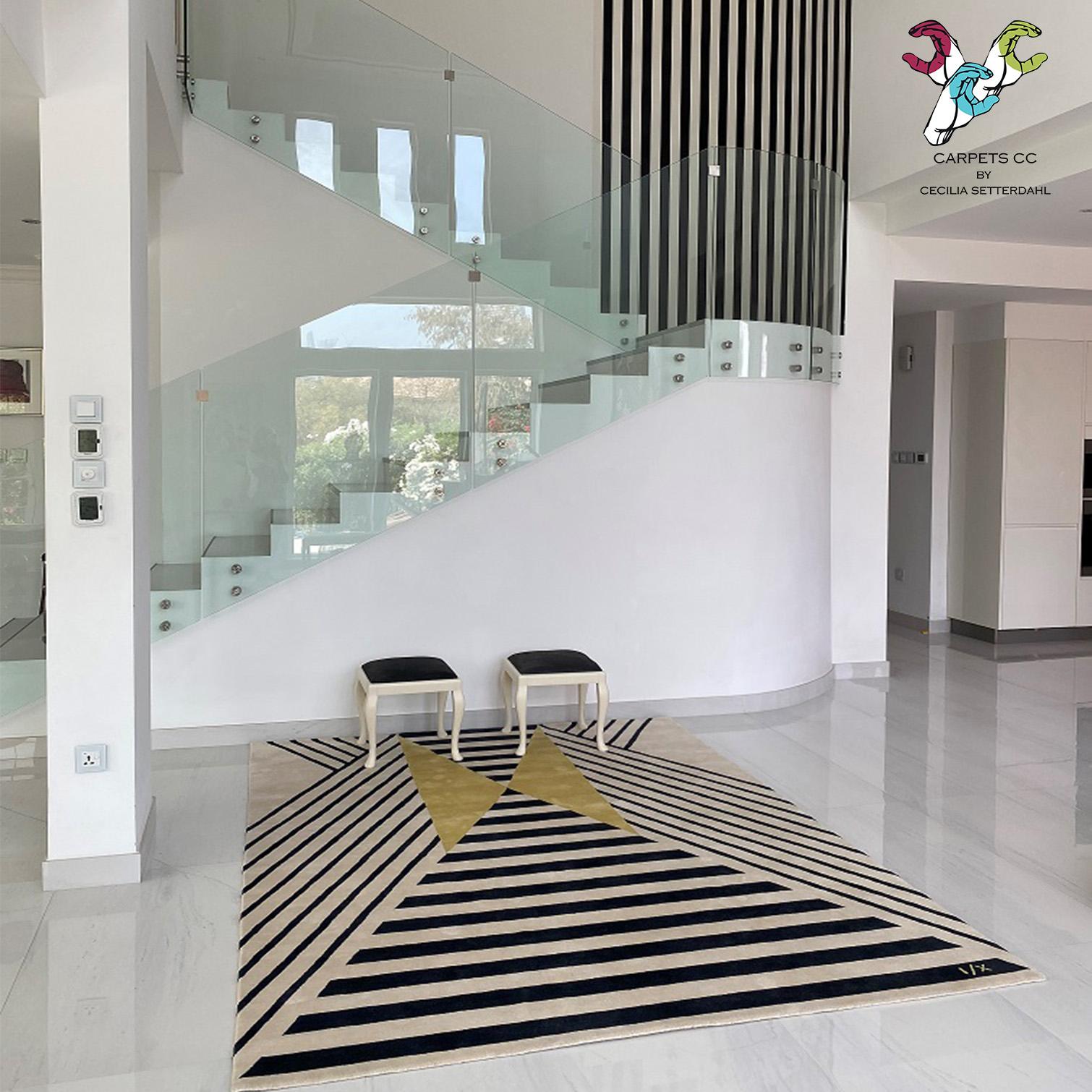 Alfombra rayada Alfombra de lana anudada a mano limitada amarillo negro Blanco Moderna Geométrica en venta 6