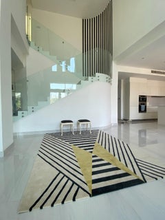 Rug stripe Wool Carpet Hand Knotted limited yellow black White Modern Geometric