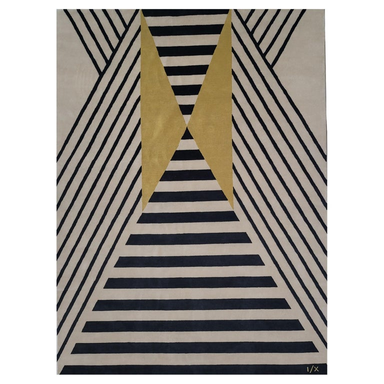 Rug stripe Wool Carpet Hand Knotted limited yellow black White Modern