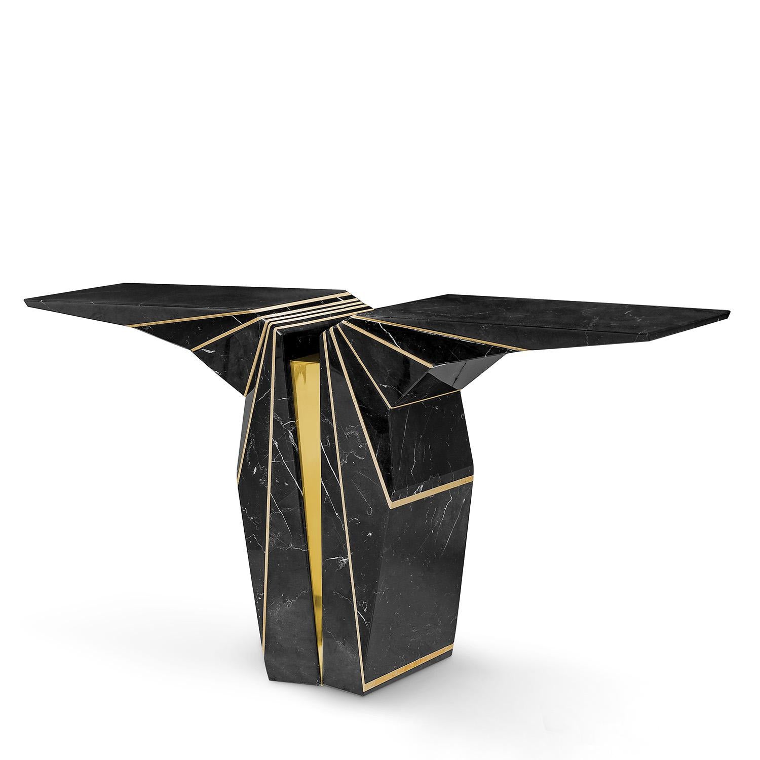 Console Table Wings Marble with black marble structure,
engraved with yellow marble trims and with central part in 
solid brass in polished finish. Exceptional piece.