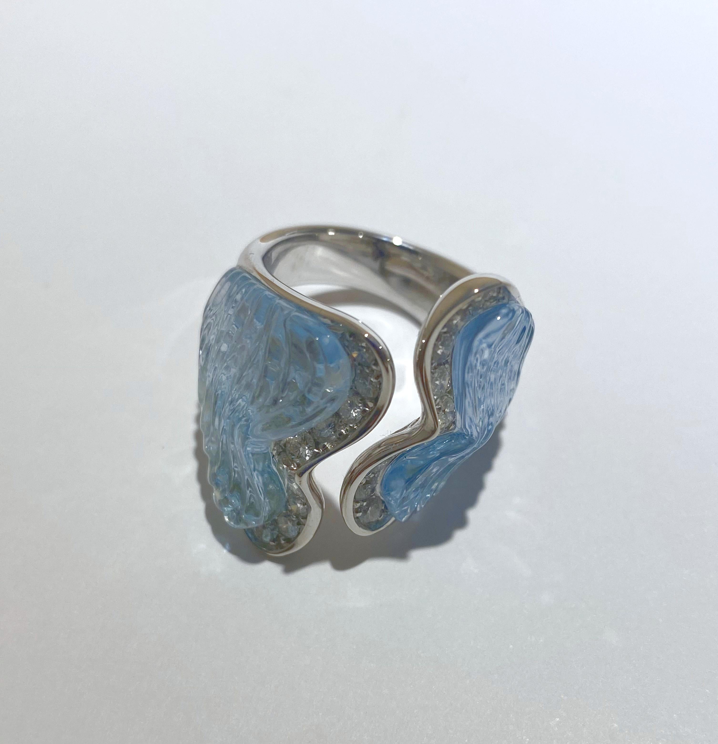 SCAVIA Blue Topaz Inlays Diamonds Pavé 18K White Gold Ring In New Condition For Sale In Rome, IT