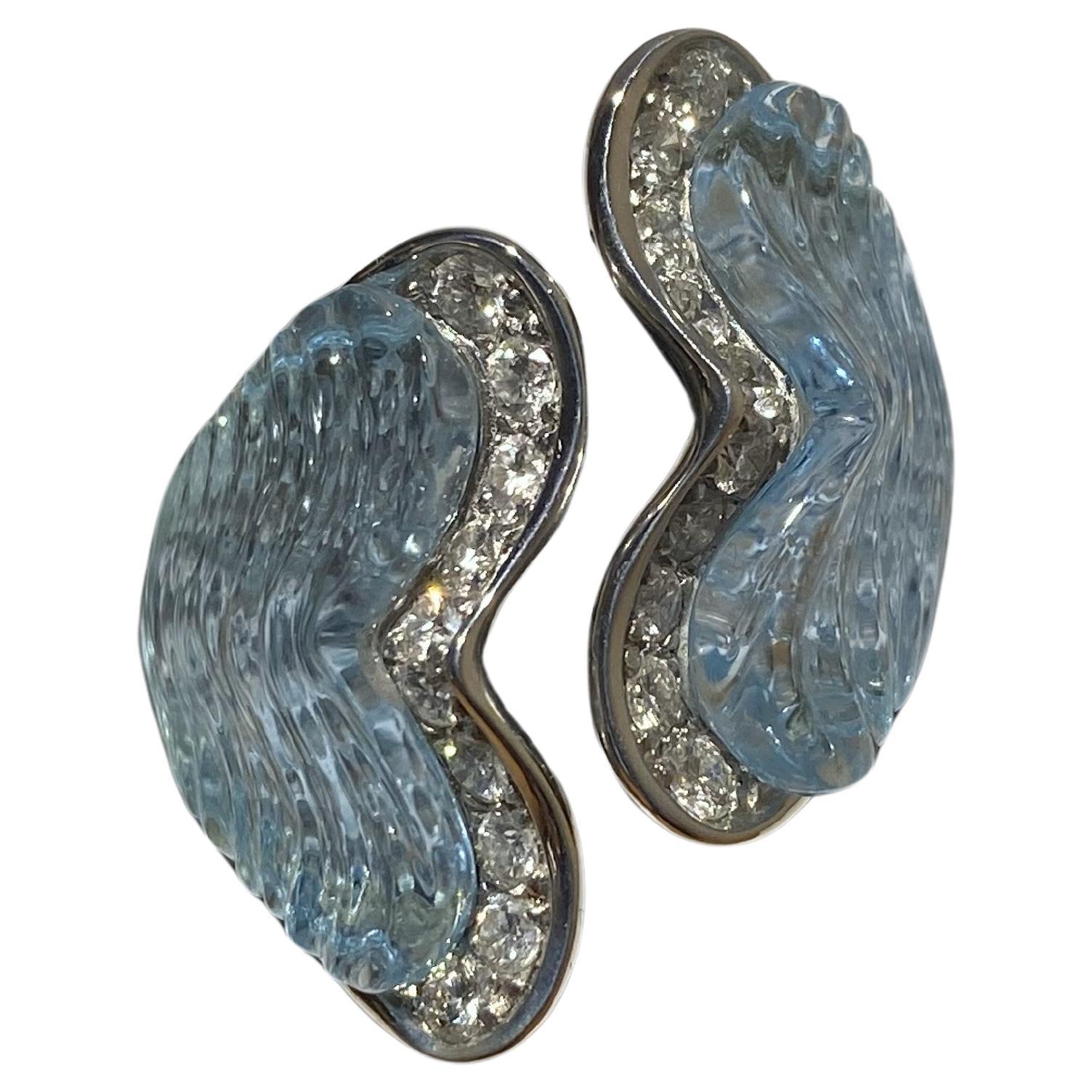 Contemporary SCAVIA Blue Topaz Inlays Diamonds Pavé 18K White Gold Ring For Sale