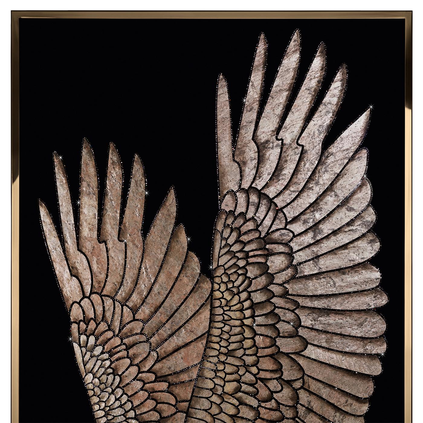 Wall decoration wings with plexiglass background with integrated
natural stone decorations ornamented with carved graphite crystals.
With polished stainless steel frame. Exceptional piece, each piece is
unique.