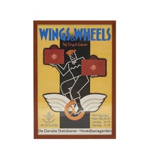 "Wings & Wheels", poster d'epoca delle DSB, Ferrovie dello Stato danesi, in cornice di pino