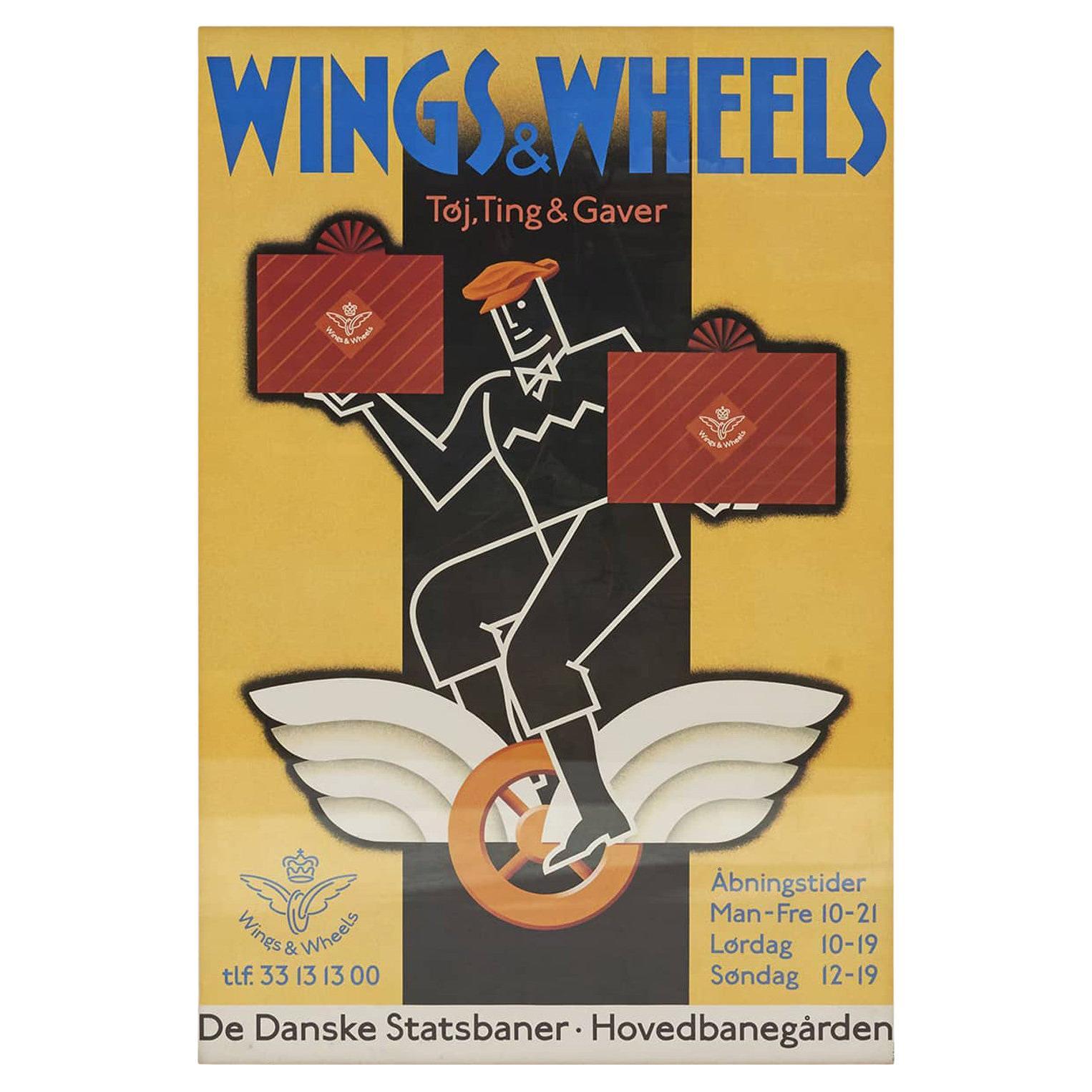 "Wings & Wheels", Vintage Poster From DSB, Danish State Railways' in Pine Frame