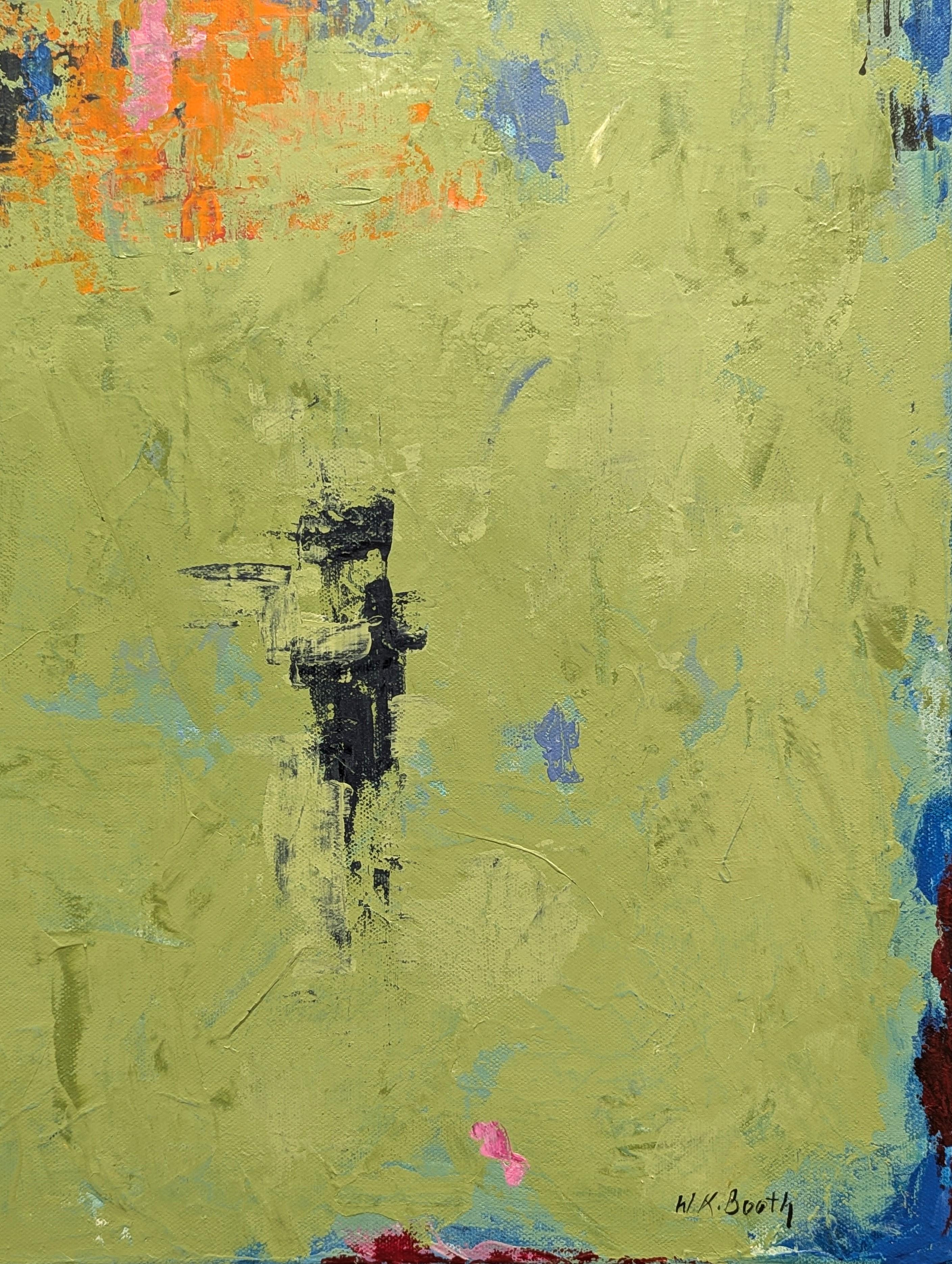 Colorato dipinto espressionista astratto dell'artista contemporanea texana Winifred Booth. L'opera presenta un campo di colore blu e verde diviso da una striscia arancione che ricorda i fiori di un parco. Firmato nell'angolo anteriore in basso a