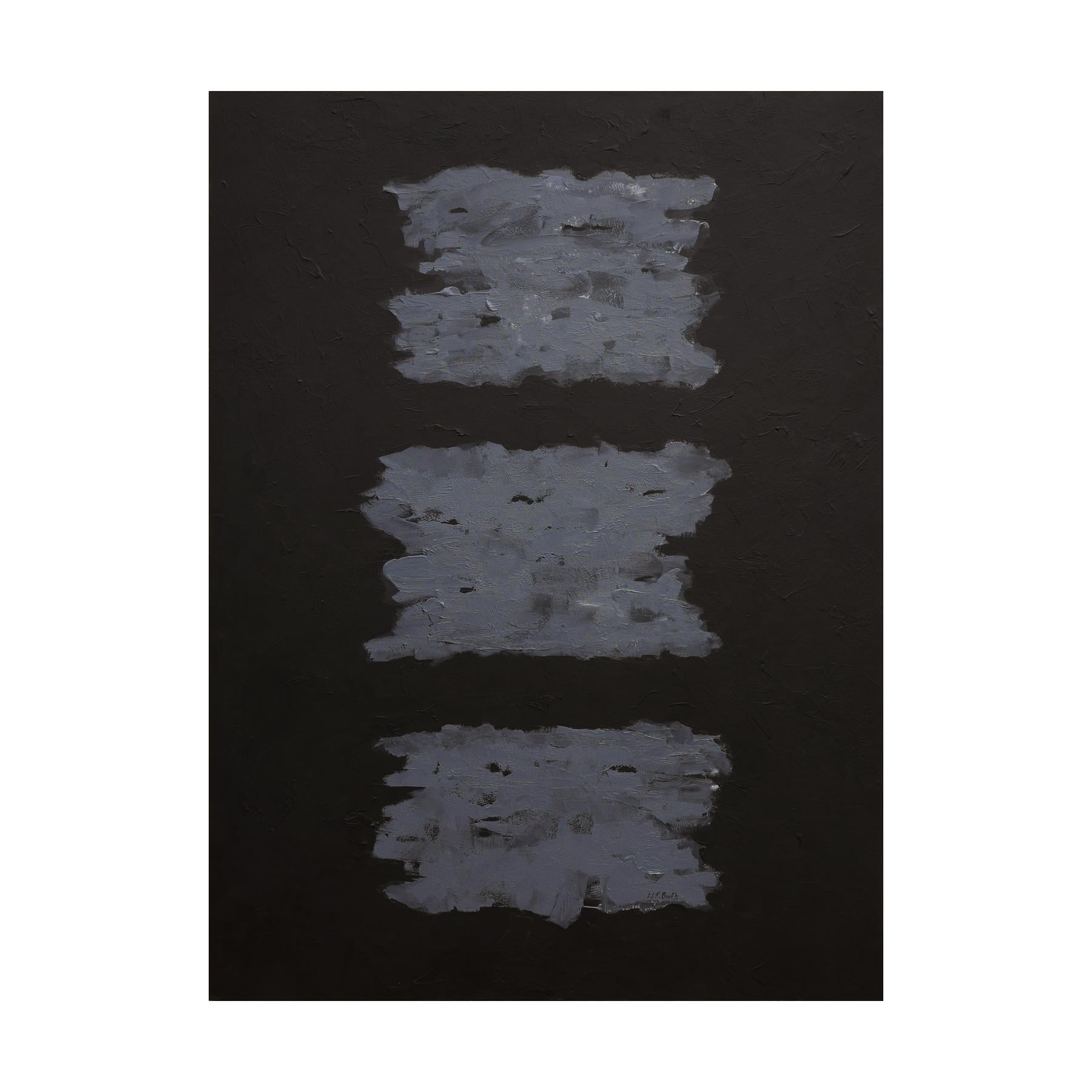 Black and gray abstract contemporary painting by Houston, TX artist Winifred Booth. The painting depicts 3 gray rectangular cloud-like shapes against a plain black background. Unframed. Signed by the artist at the bottom right.

Artist Biography: