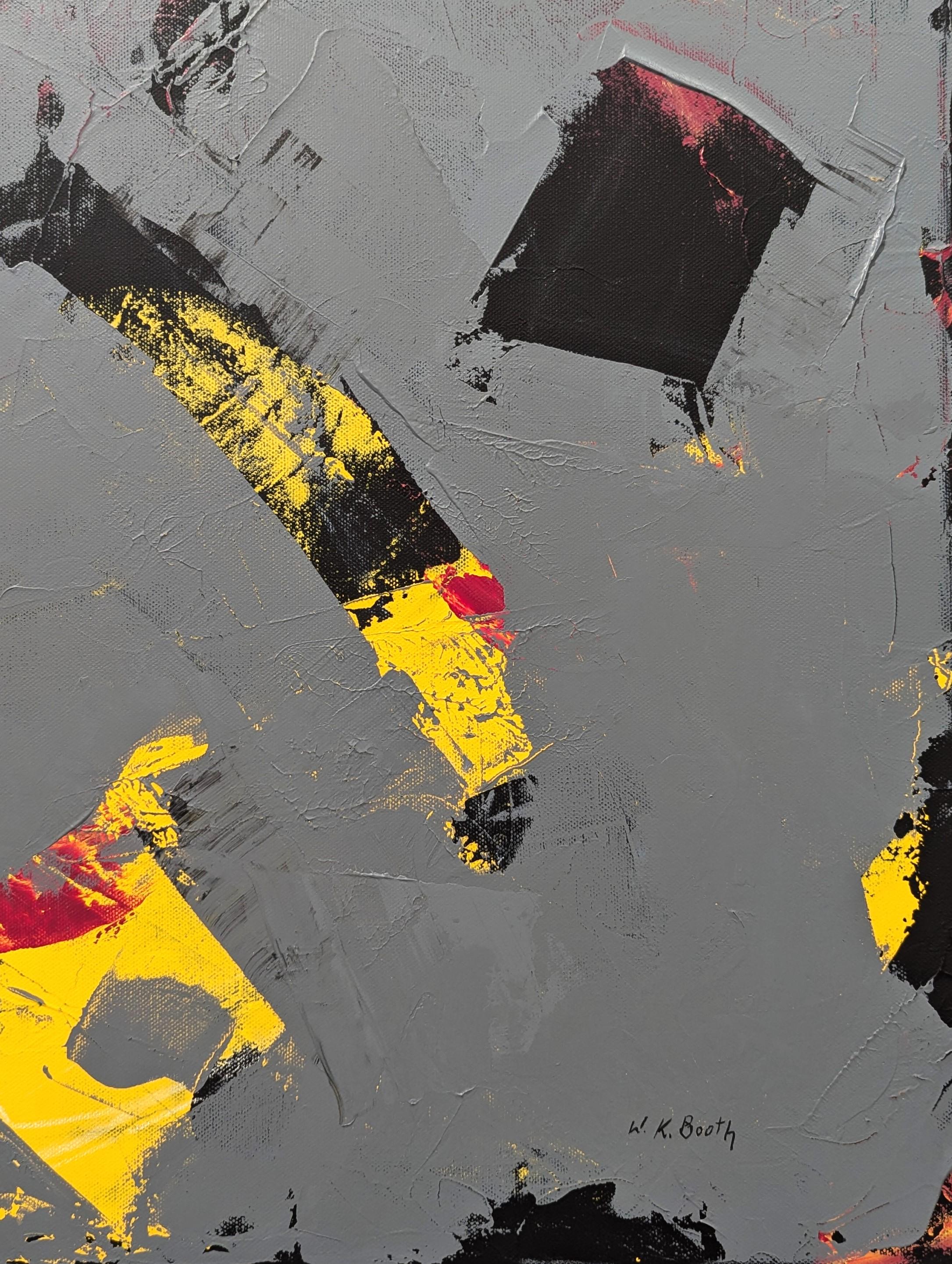 Colorato dipinto espressionista astratto dell'artista contemporanea texana Winifred Booth. L'opera presenta sezioni di giallo e magenta brillante che emergono attraverso un campo di grigio. Firmato nell'angolo anteriore in basso a destra.