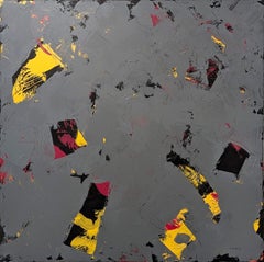 “Into the Vortex” Contemporary Yellow, Pink, and Grey Abstract Painting