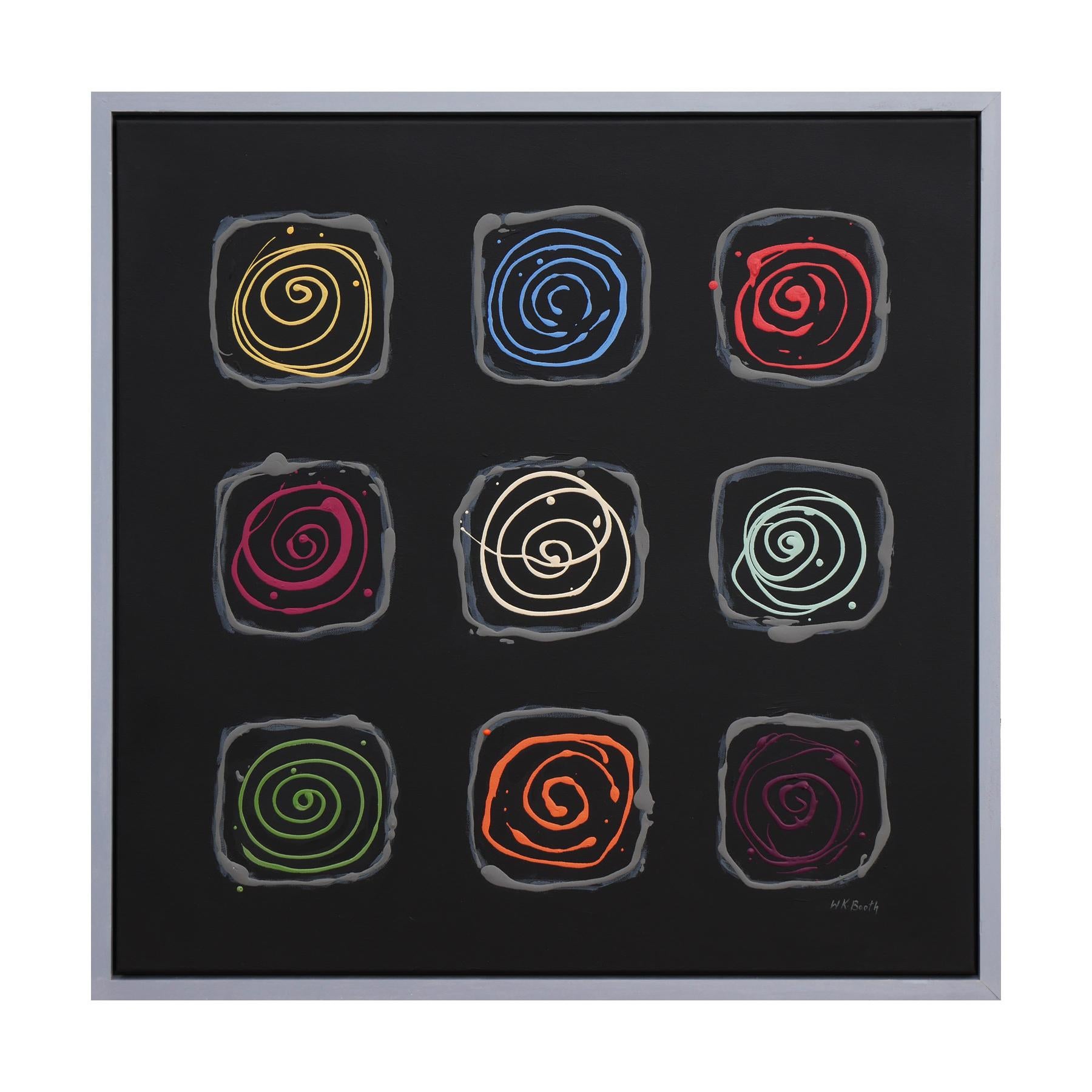 Colorful abstract contemporary painting by Houston, TX artist Winifred Booth. The painting depicts nine multicolored spirals in a grid against a plain black background. The piece is signed by the artist at the front bottom right corner. Framed in a