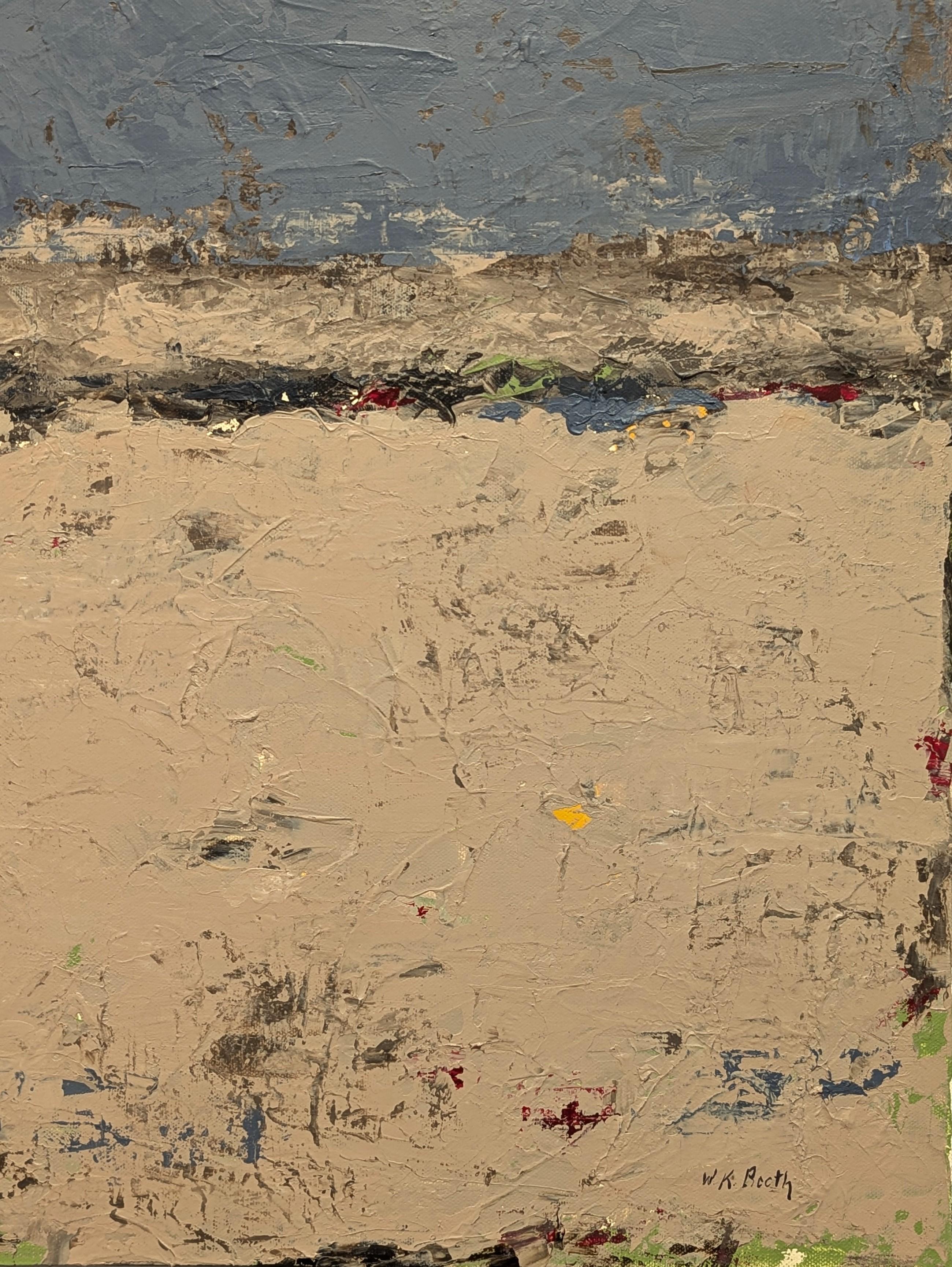 Quadro espressionista astratto dai toni neutri dell'artista texana contemporanea Winifred Booth. L'opera presenta un campo di colori blu e marrone che ricorda la spiaggia. Firmato nell'angolo anteriore in basso a destra. Attualmente non è