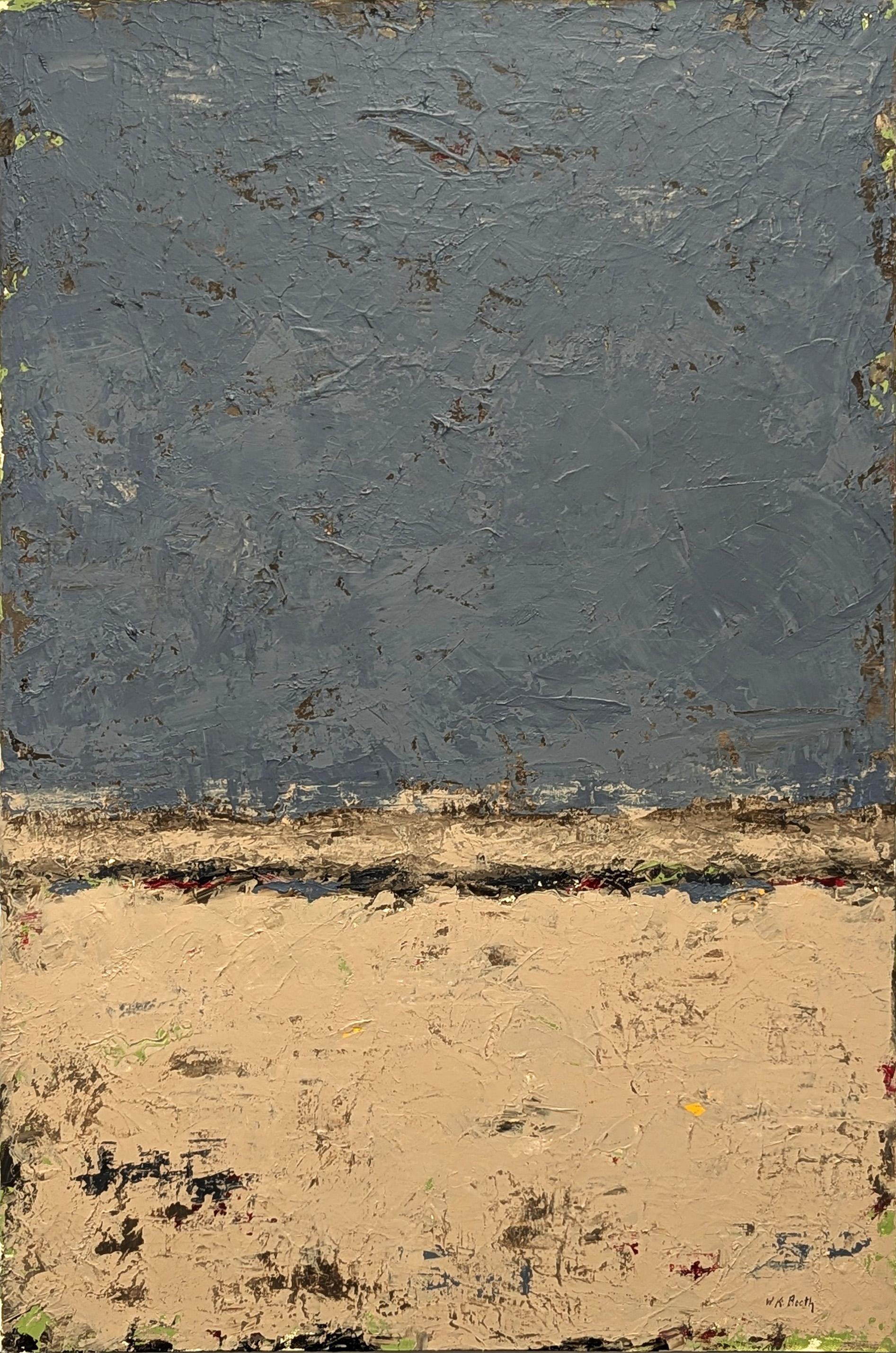 Abstract Painting di Winifred Booth - "Washed Ashore" Pittura espressionista astratta contemporanea di colore blu e marrone