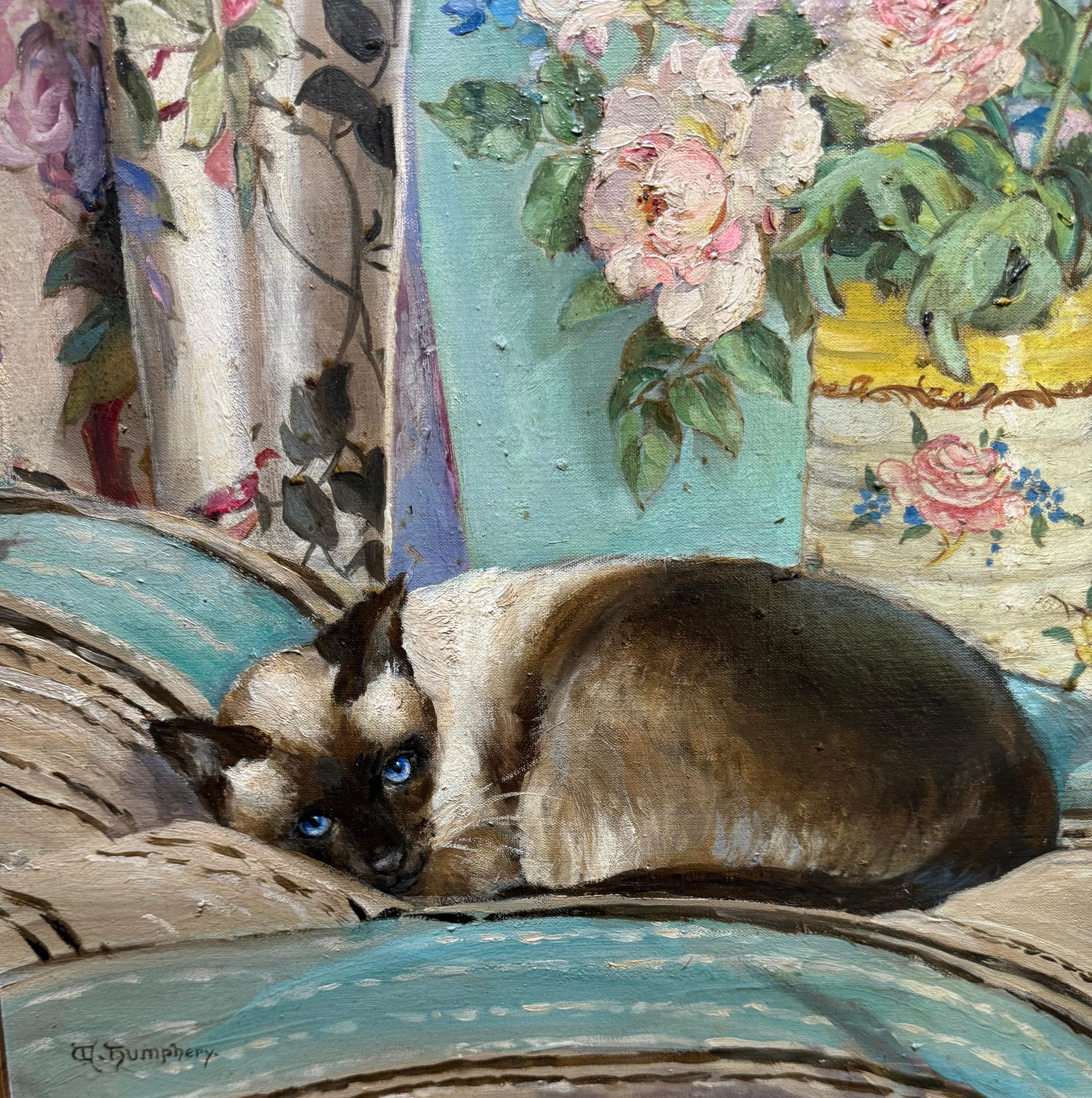 Winifred Humphrey Vintage Modernist Impressionist Still Life with SIAMESE CAT 1