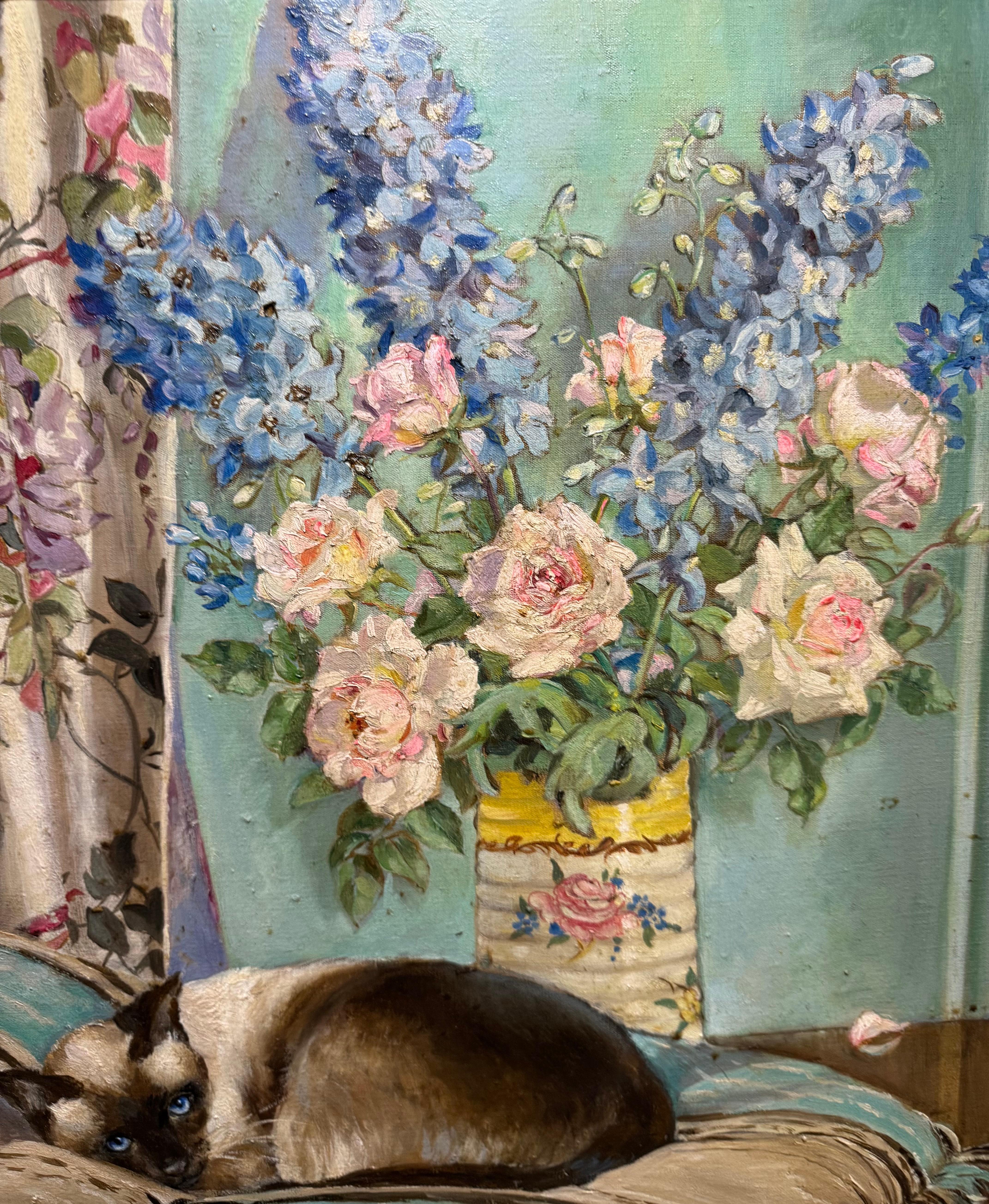 Winifred Humphrey Vintage Modernist Impressionist Still Life with SIAMESE CAT 2