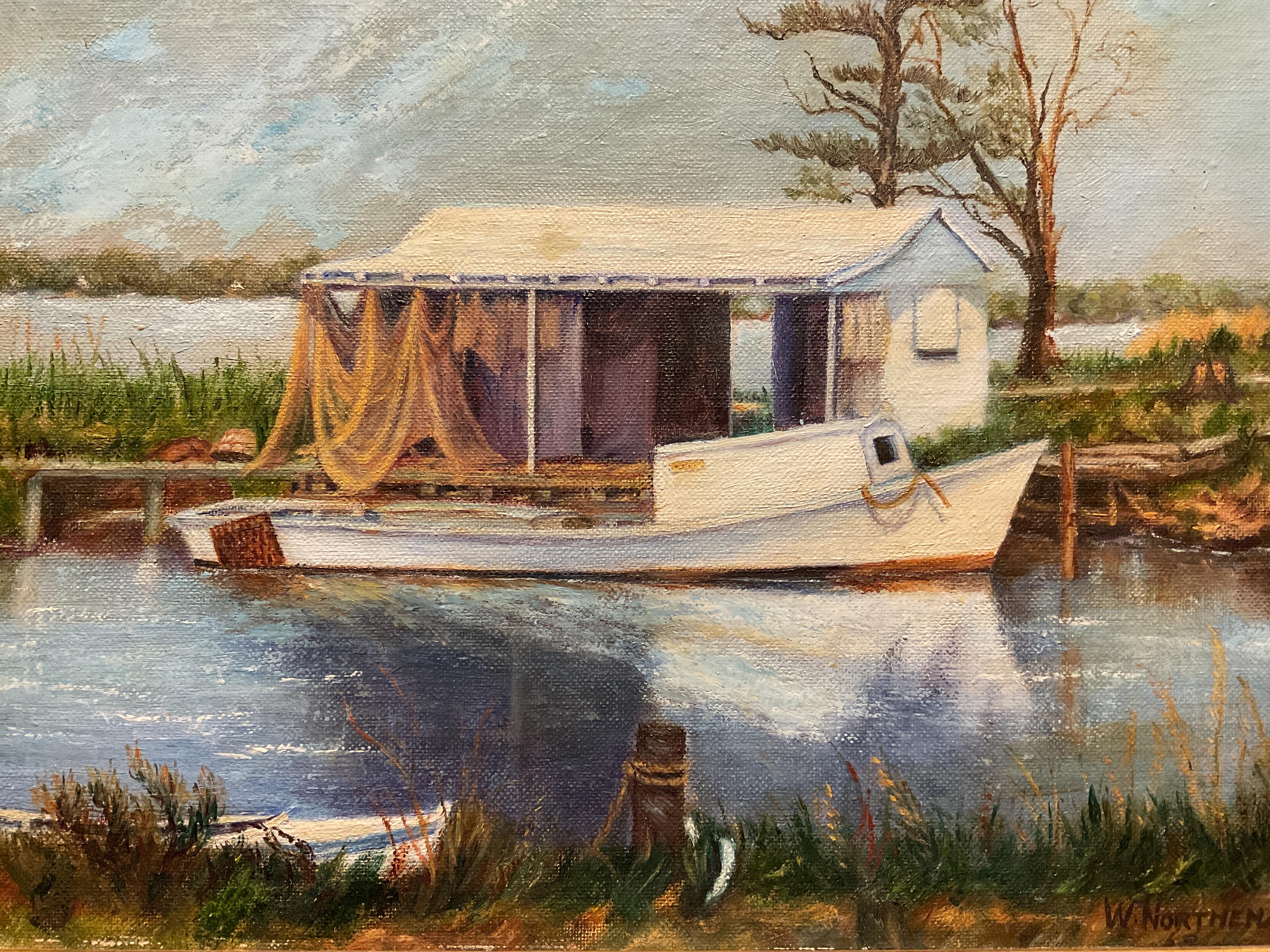 Vintage Fishing Boat Maritime Oil Painting, ca 1950 by artist Winifred Northern 1
