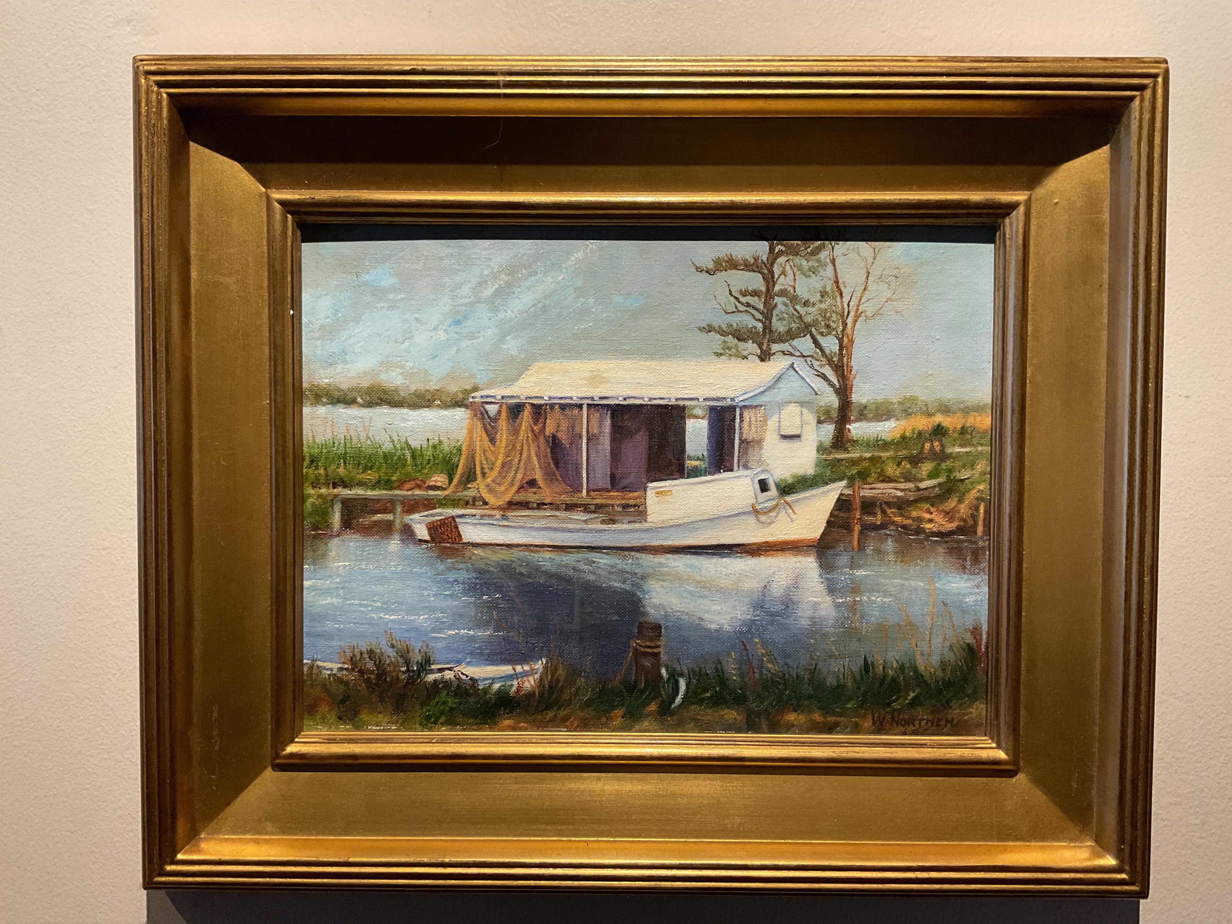 Artist Winifred Northern created this tranquil maritime scene around 1950. It depicts a fishing boat docked alongside a fishing shack with drying nets.  There is something about the landscape that suggests the South, perhaps the Gulf Coast.  The