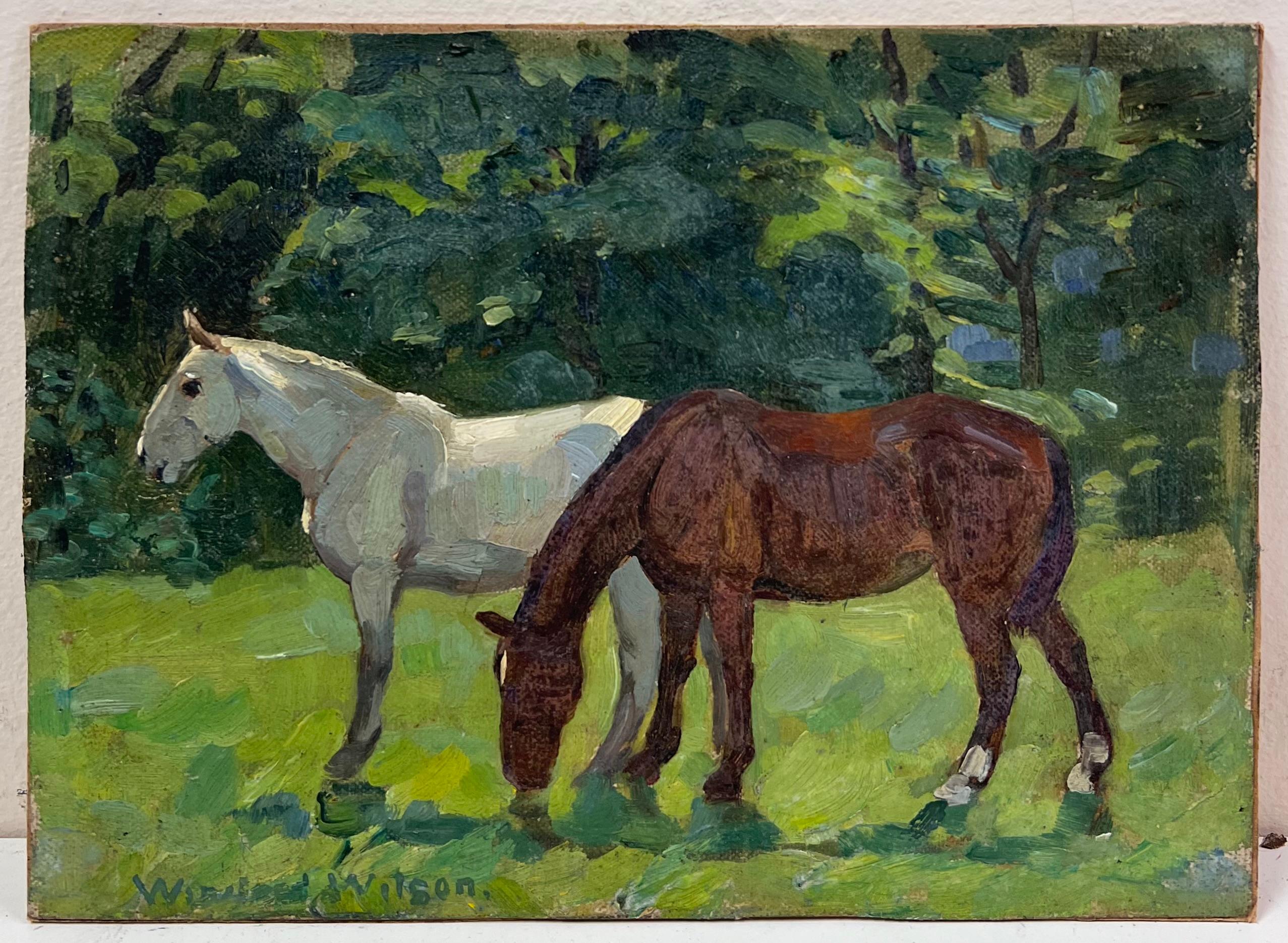 Pferde grasen auf einer Sommerwiese Englisch Antikes signiertes Ölgemälde – Painting von Winifred Wilson (1882-1973)