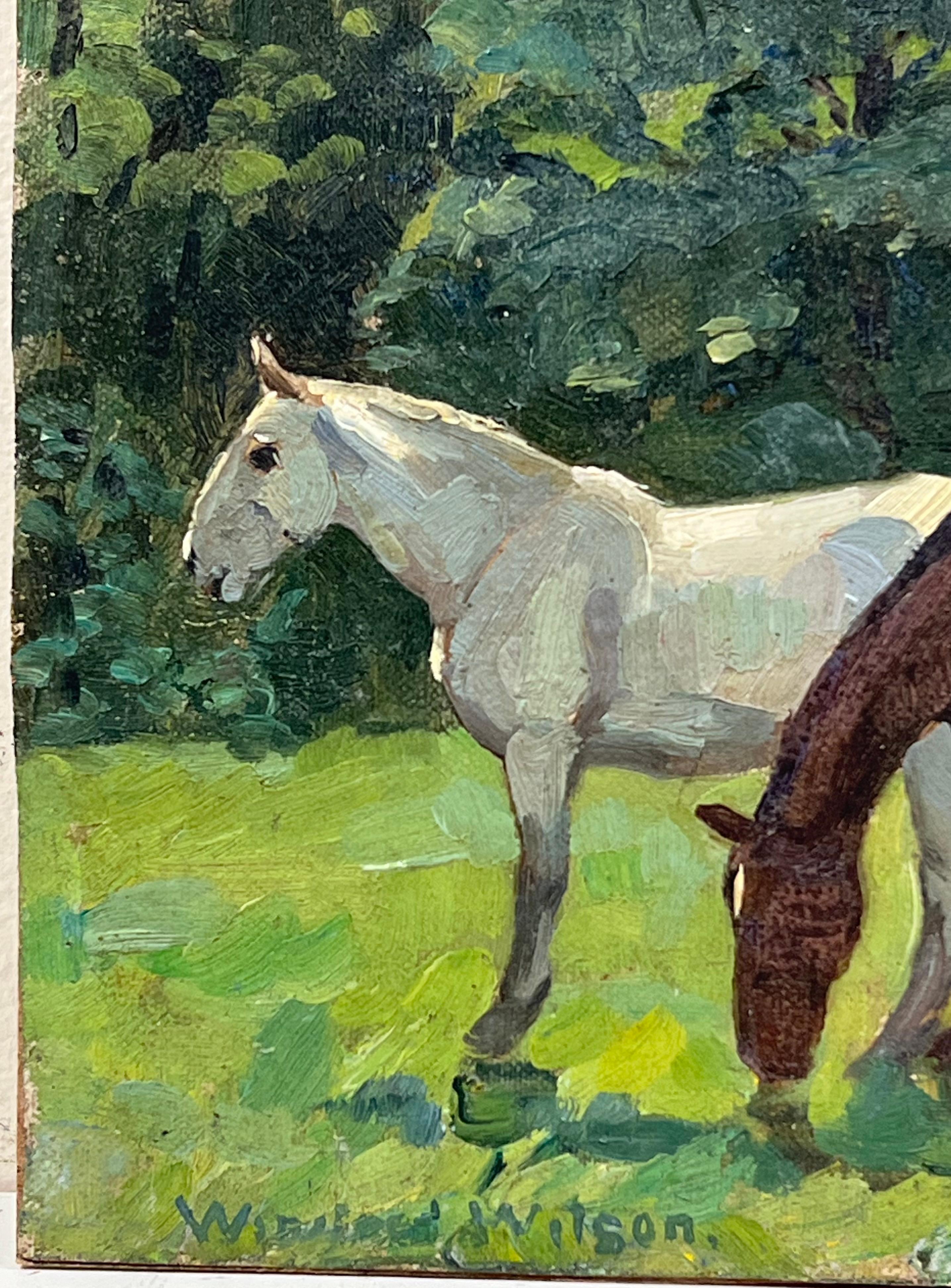 Pferde grasen auf einer Sommerwiese Englisch Antikes signiertes Ölgemälde (Schwarz), Animal Painting, von Winifred Wilson (1882-1973)