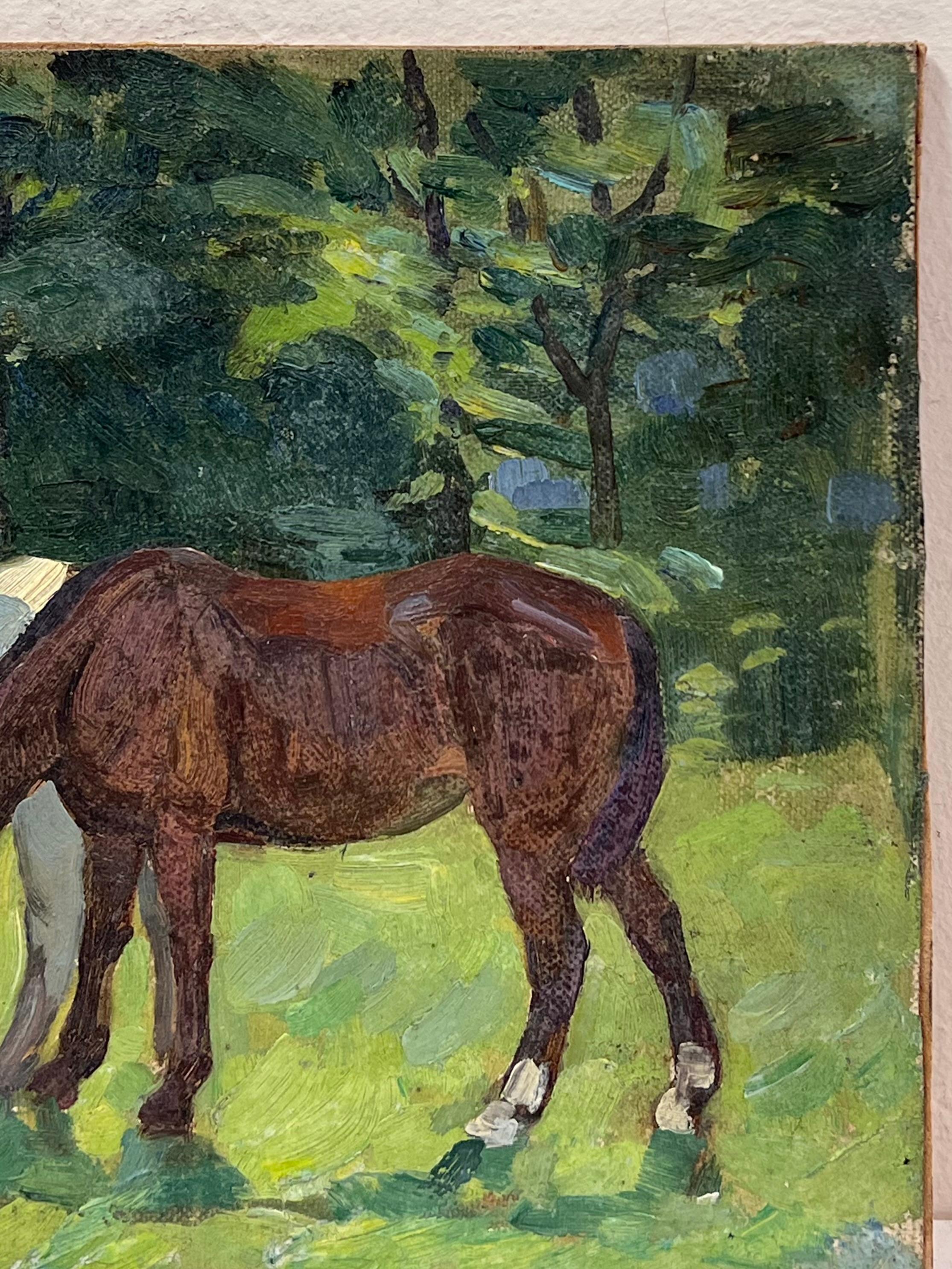 Pferde grasen auf einer Sommerwiese Englisch Antikes signiertes Ölgemälde im Angebot 1