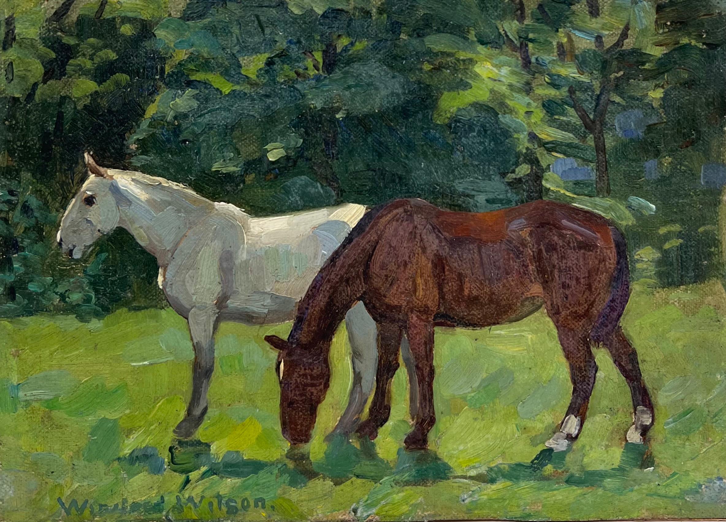 Horses Grazing in Summer Meadows English Antique Signed Oil Painting