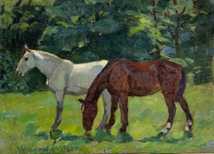 Horses Grazing in Summer Meadows English Antique Signed Oil Painting
