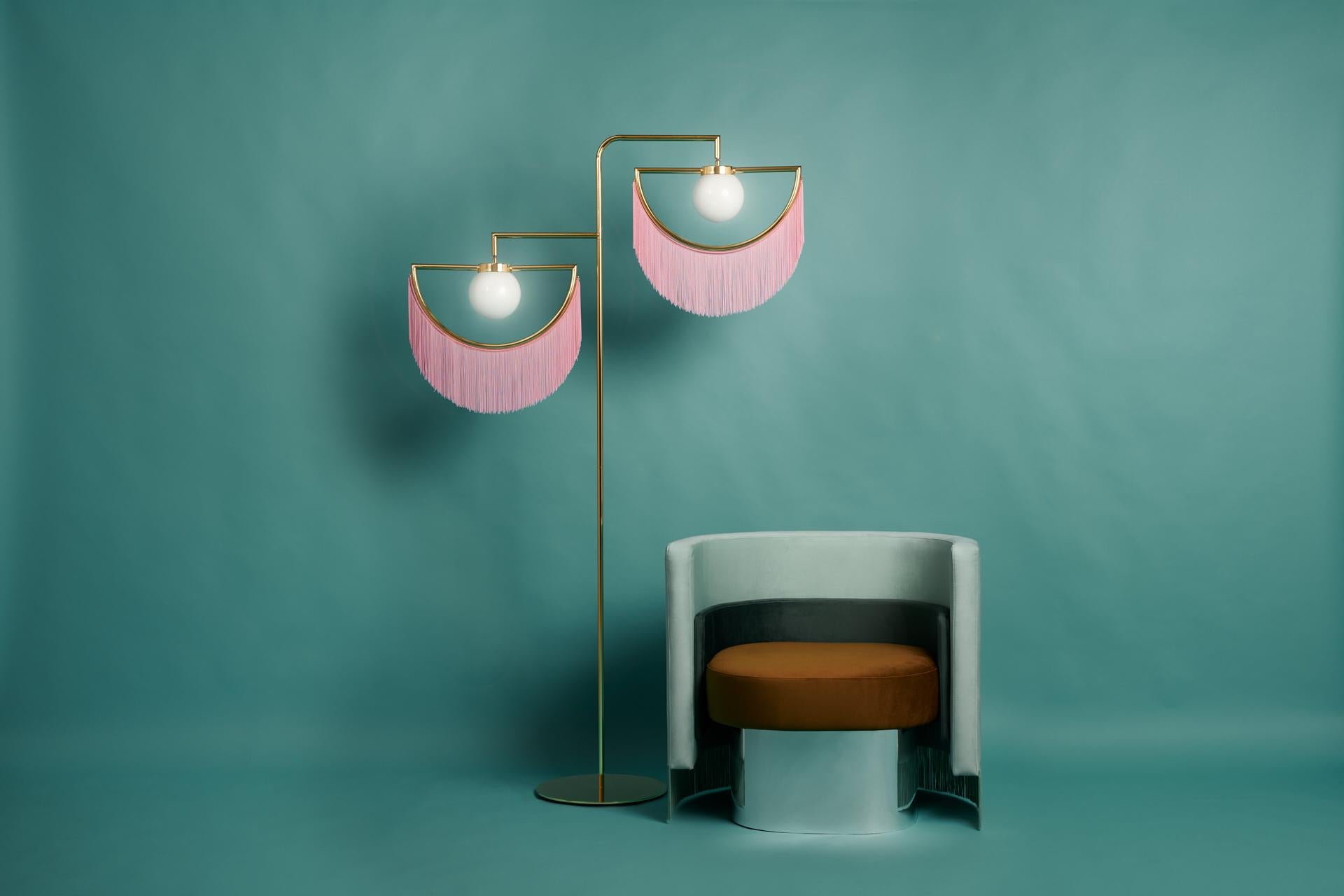 Spanish Wink Gold-Plated Floor Lamp  Post-Modernist Style with Pink Fringes For Sale