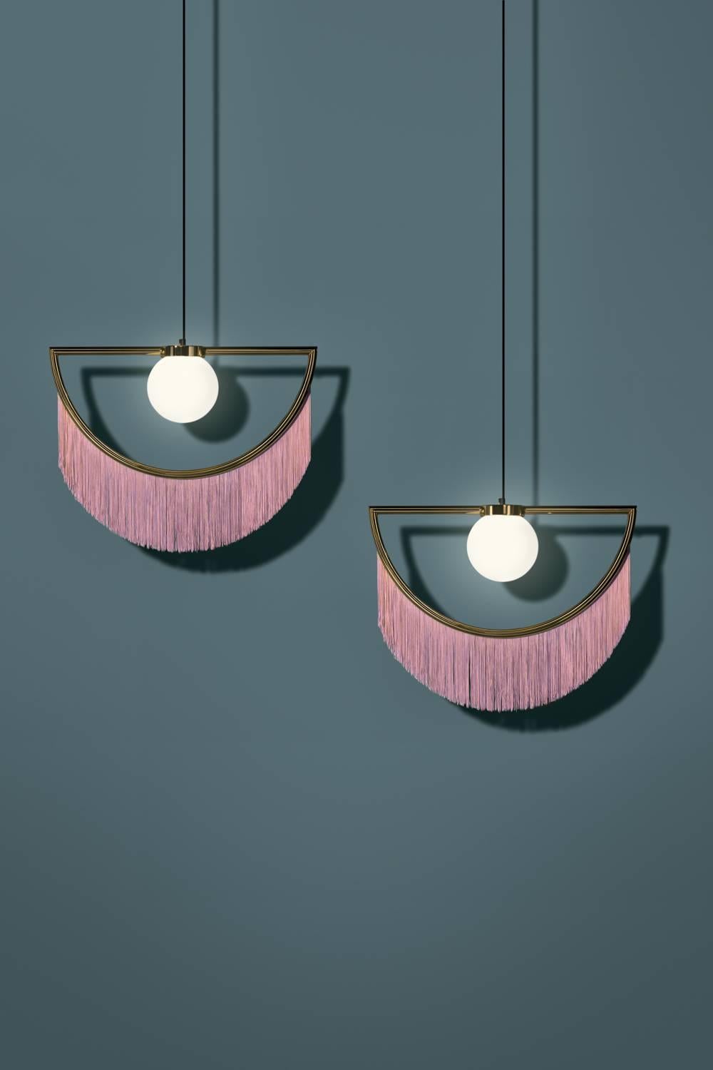 Contemporary Wink Gold-Plated Pendant Lamp with Pink Fringes For Sale