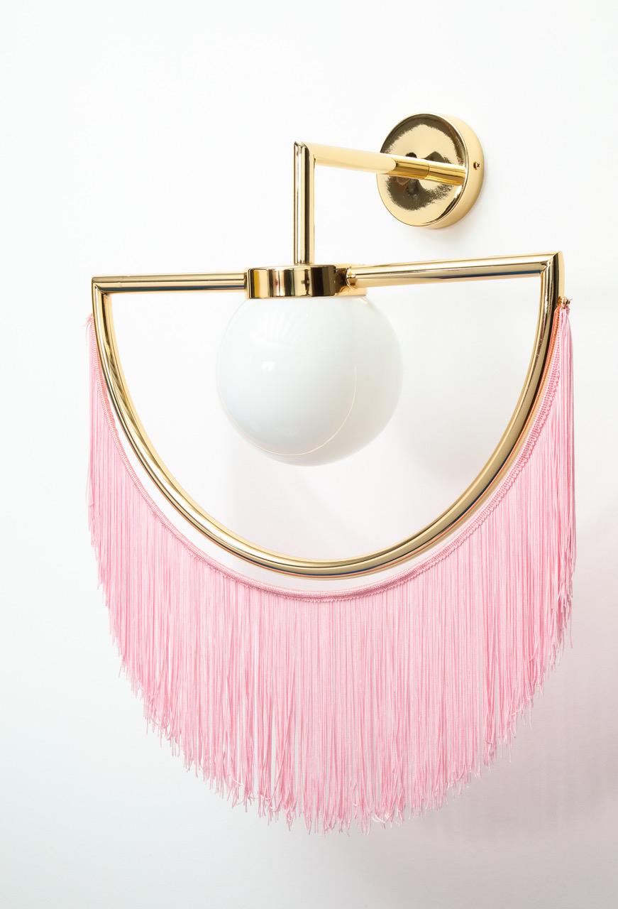 Spanish Wink Gold-Plated Wall Lamp with Pink Fringes For Sale