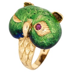 Winking Owl Ring Vintage Green Enamel 18k Yellow Gold Ruby Eyes Fine