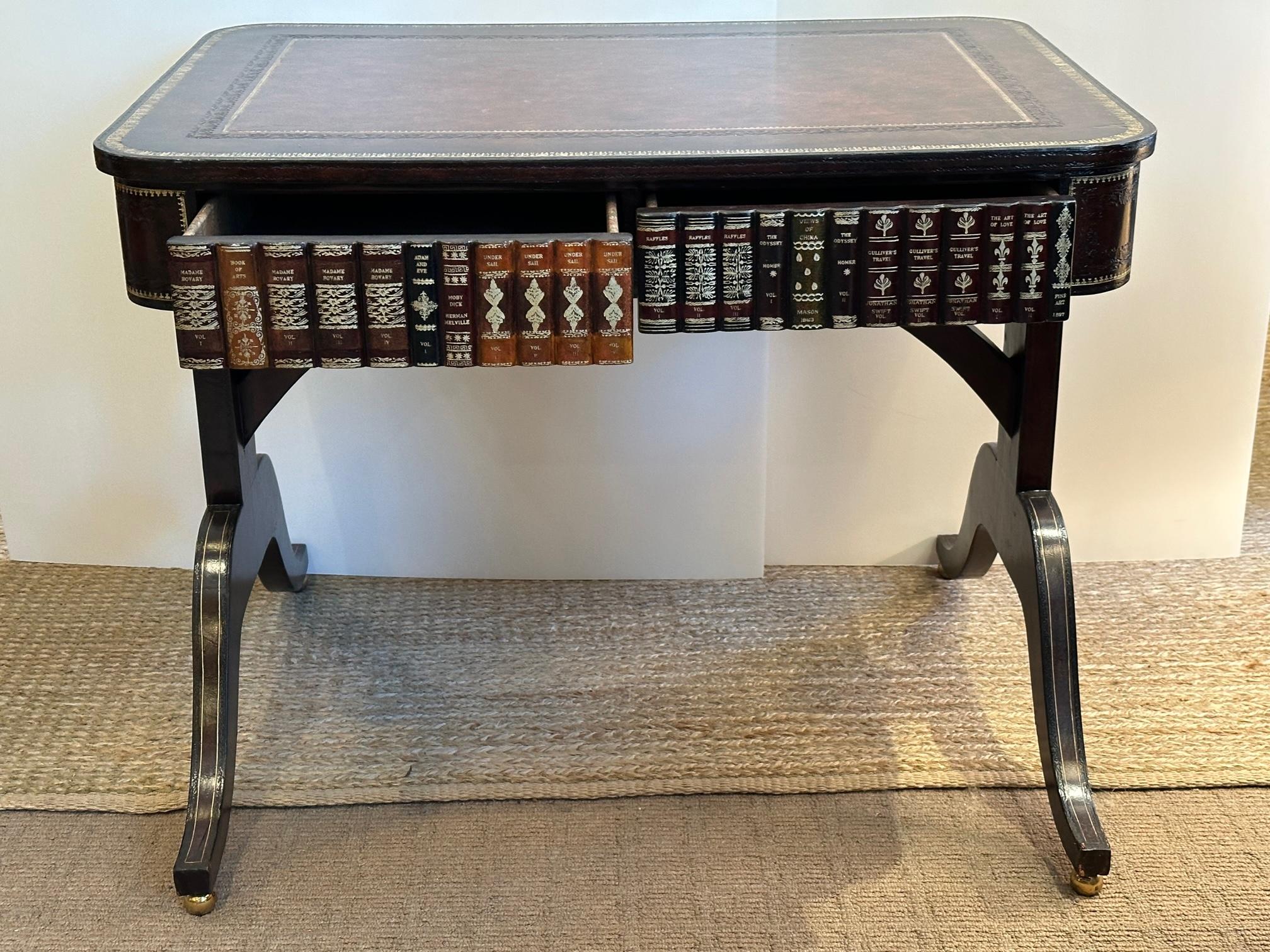 Philippine Winner Book Motif Leather Wrapped Maitland Smith Writing Desk For Sale