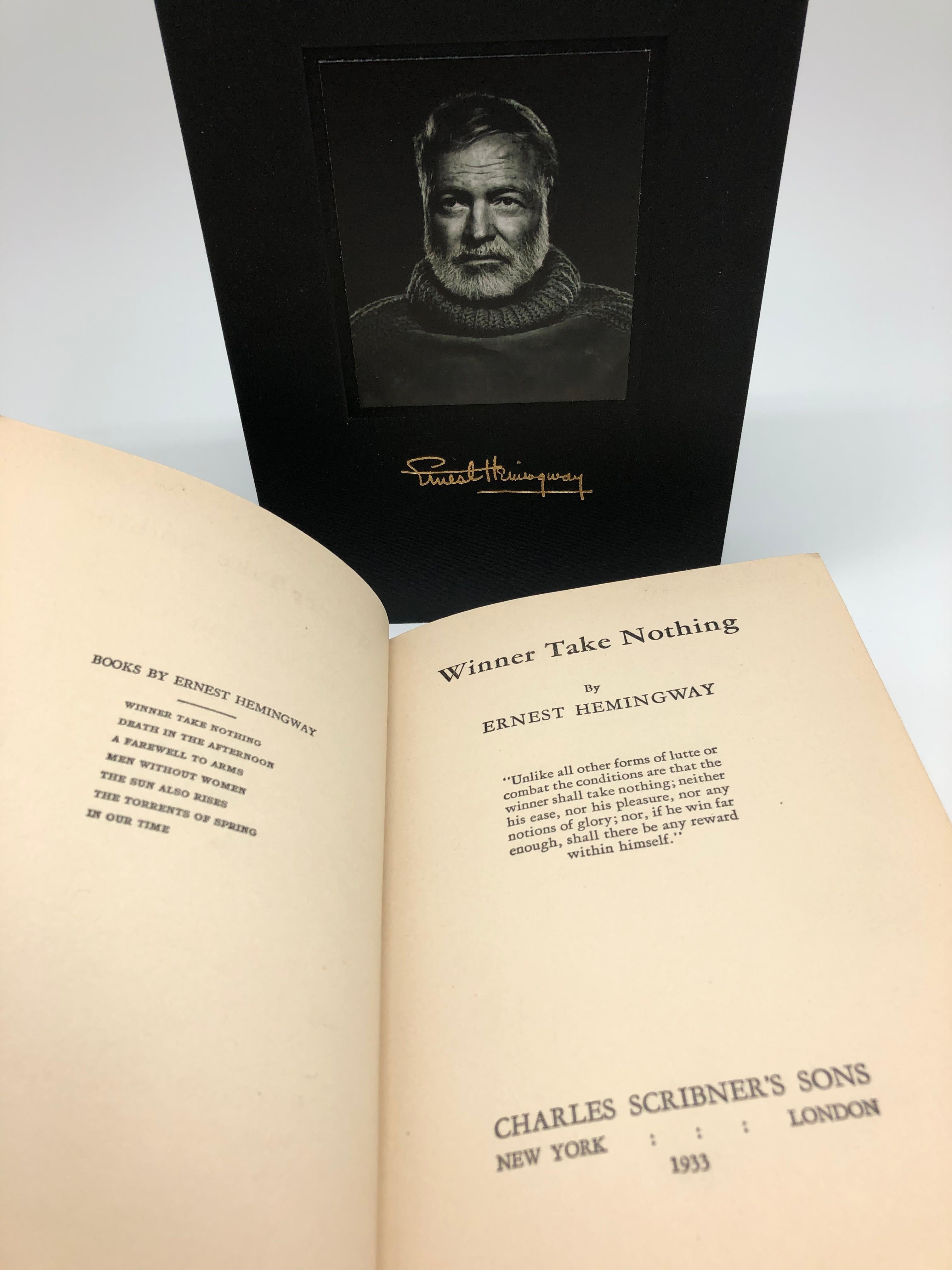 Hemingway, Ernest. Winner Take Nothing. New York: Charles Scribner's Sons, 1933. First edition, first printing. Octavo, bound in quarter leather raised and gilt spine. Housed in a custom slipcase that features a portrait of the author on the